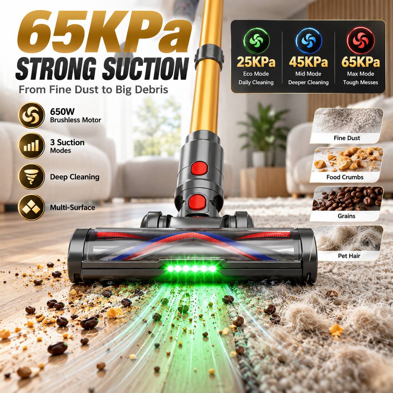 65KPa STRONG SUCTION  
From Fine Dust to Big Debris

650W Brushless Motor  
3 Suction Modes  
Deep Cleaning  
Multi-Surface

25KPa Eco Mode Daily Cleaning  
45KPa Mid Mode Deeper Cleaning  
65KPa Max Mode Tough Messes

Fine Dust  
Food Crumbs  
Grains  
Pet Hair