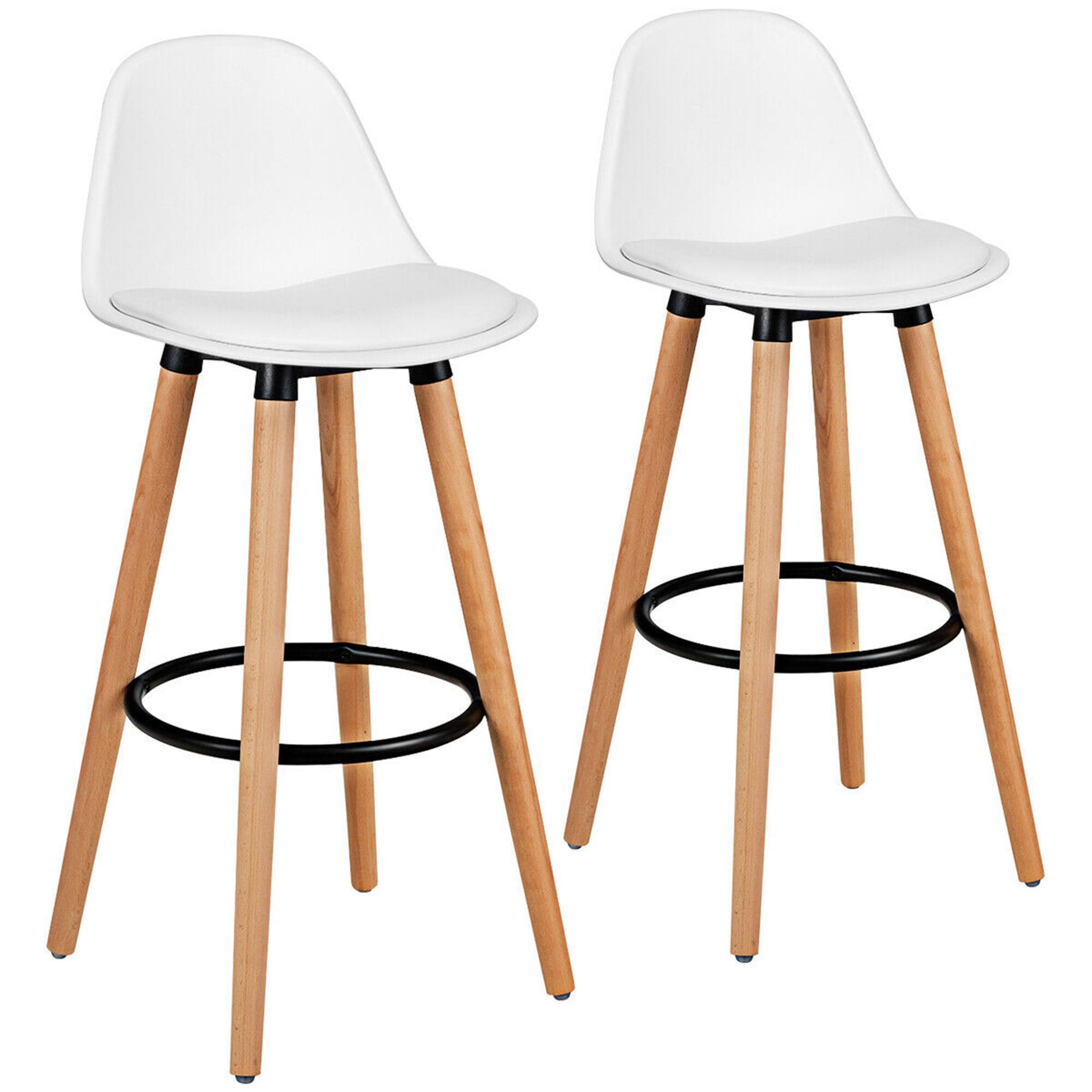 Costway - Set of 2 Mid Century Barstool 28.5" Dining Pub Chair w/Leather Padded Seat - White