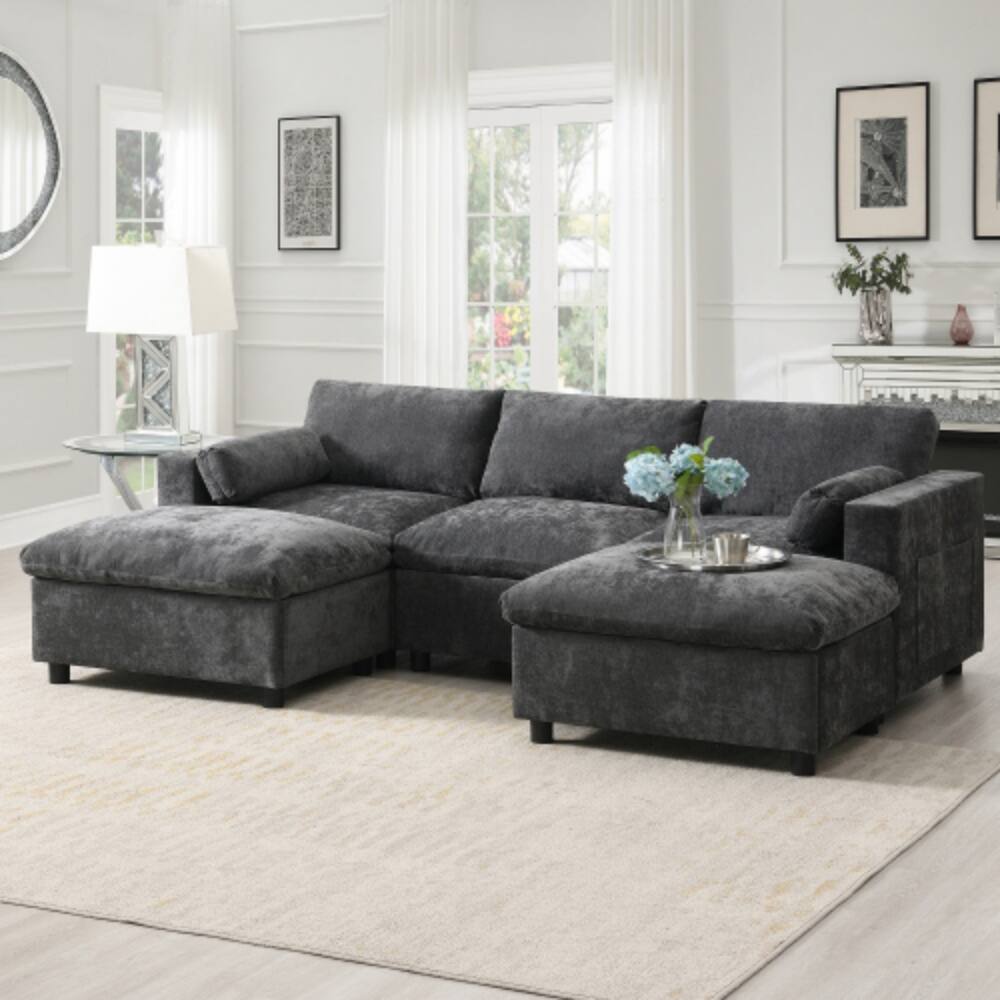 LUCKY ONE - 84.5" Modular U-Shaped 5-Seat Chenille Sectional Sofa w/ Storage Pockets & Movable Ottoman - Dark Gray