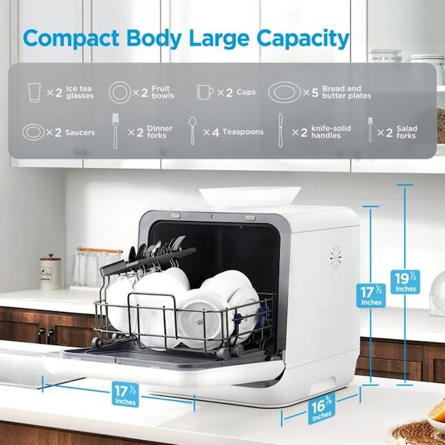 Compact Body Large Capacity

- Ice tea glasses x 2
- Fruit bowls x 2
- Cups x 2
- Bread and butter plates x 5
- Saucers x 2
- Dinner forks x 2
- Teaspoons x 4
- Knife-solid handles x 2
- Salad forks x 2

Dimensions:
- 17½ Inches
- 19½ Inches
- 17½ Inches
- 16 Inches