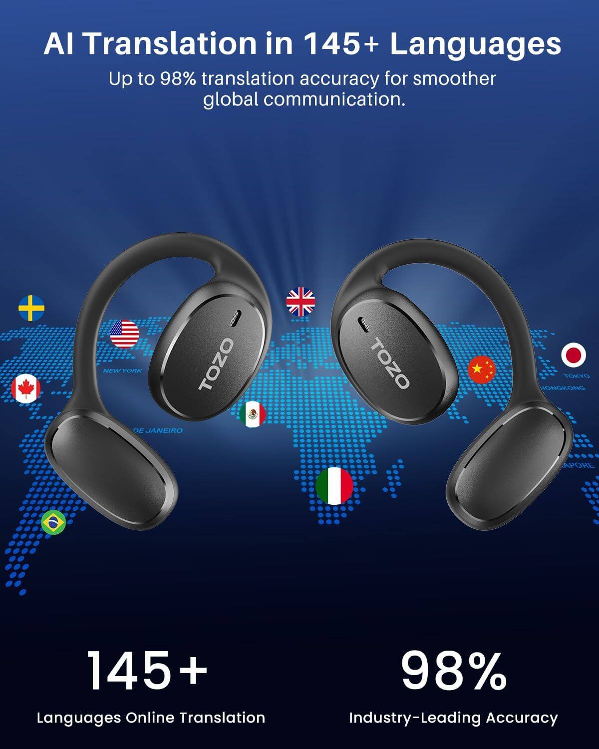 AI Translation in 145+ Languages  
Up to 98% translation accuracy for smoother global communication.

NEW YORK  
TOZO DE JANEIRO  
TOZO  
TOKYO HONGKONG  
APORE  

145+ Languages Online Translation  
98% Industry-Leading Accuracy
