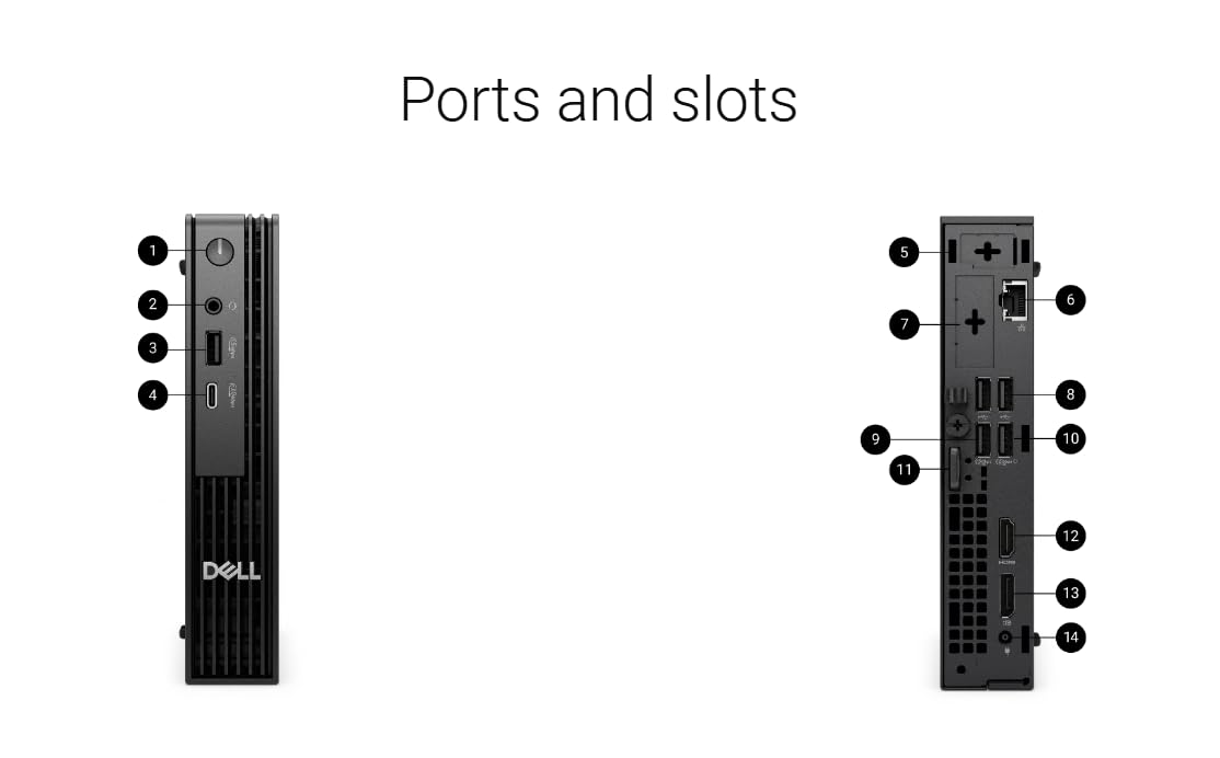Ports and slots

1. Power button
2. USB-C port
3. USB-A port
4. USB-A port
5. Ethernet port
6. DisplayPort
7. HDMI port
8. USB-A port
9. USB-A port
10. USB-A port
11. SD card slot
12. USB-C port
13. USB-A port
14. Kensington lock slot