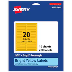 Go to avery.com/templates
AVERY
Use Avery™ Template
Presta® 94217
20 labels per sheet
10 sheets
200 labels
3/4" x 3-1/2" Rectangle
Bright Yellow Labels with Sure Feed® Technology for Laser/Inkjet