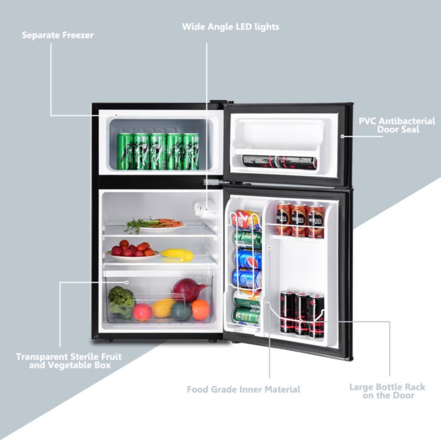 - Separate Freezer
- Wide Angle LED lights
- PVC Antibacterial Door Seal
- Transparent Sterile Fruit and Vegetable Box
- Food Grade Inner Material
- Large Bottle Rack on the Door