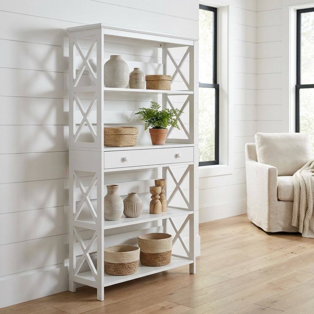 Alt View 1. FurniFact - Wooden 5-Tier Bookcase with Drawer for Storage and Organization - White.