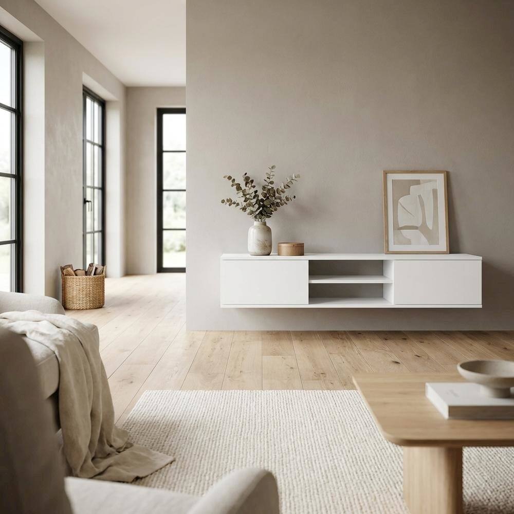 Alt View 2. FurniFact - White Floating TV Stand with Wall Mount Design and Engineered Wood Finish - White.