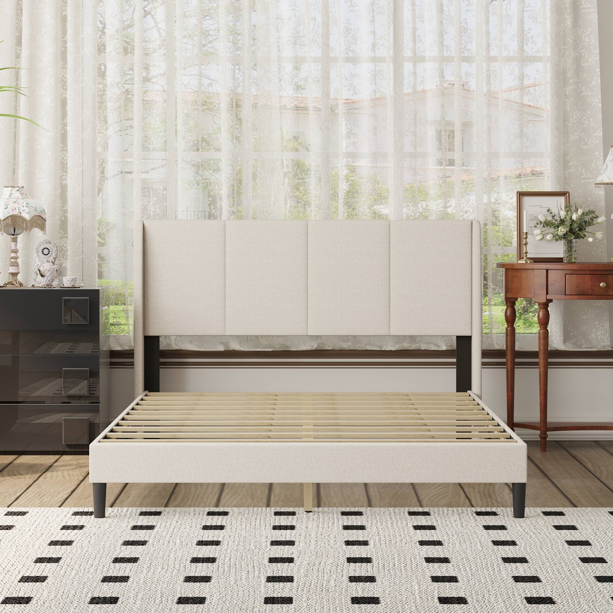 Alt View 2. Famapy - Famapy Upholstered Bed Frame: Plush Linen Headboard & Reinforced 10 - Slat Support - Off-White.