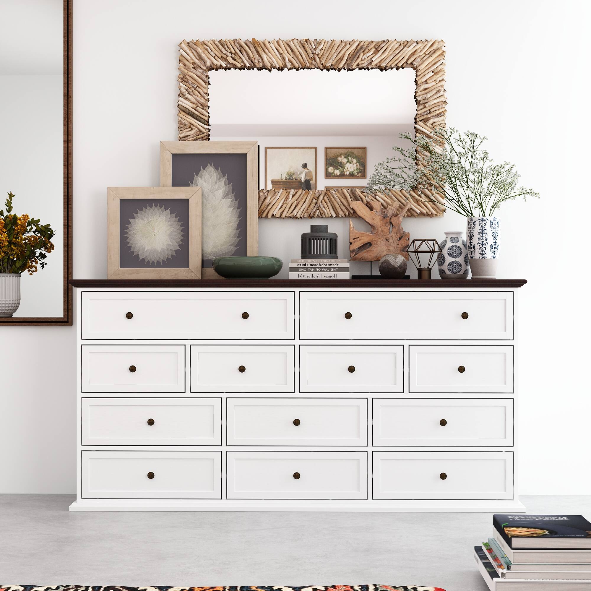 The text on the image reads: "A beautifully decorated dresser with a mirror above it, a vase, and a potted plant. The dresser has three drawers and is white in color. The mirror is placed above the dresser, and the vase is placed on the dresser. The potted plant is placed beside the dresser, adding a touch of greenery to the room."