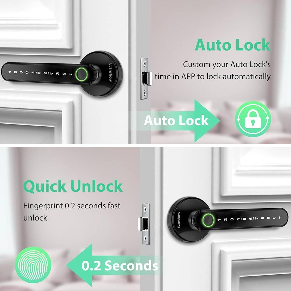 Sure, here is the corrected and grouped text from the image:

---

**Auto Lock**

Custom your Auto Lock's time in APP to lock automatically

**Quick Unlock**

Fingerprint 0.2 seconds fast unlock

---

**Evanshow**

---

**Auto Lock**

**Quick Unlock**

**0.2 Seconds**