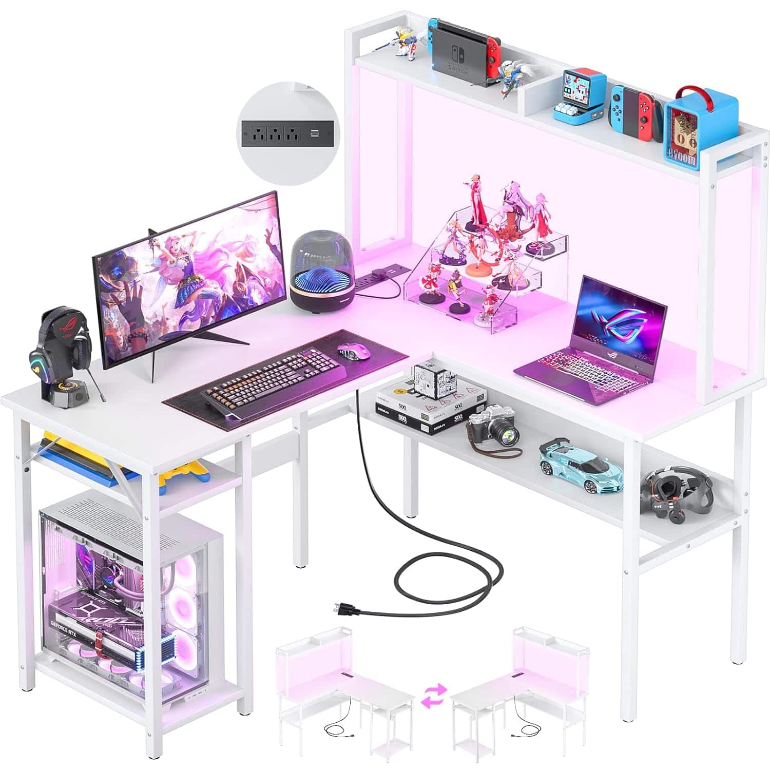 Zell Electronics - L-Shaped DeskLED, Power Outlets, Hutch, Shelves for Two-Person Gaming or Office Use - White
