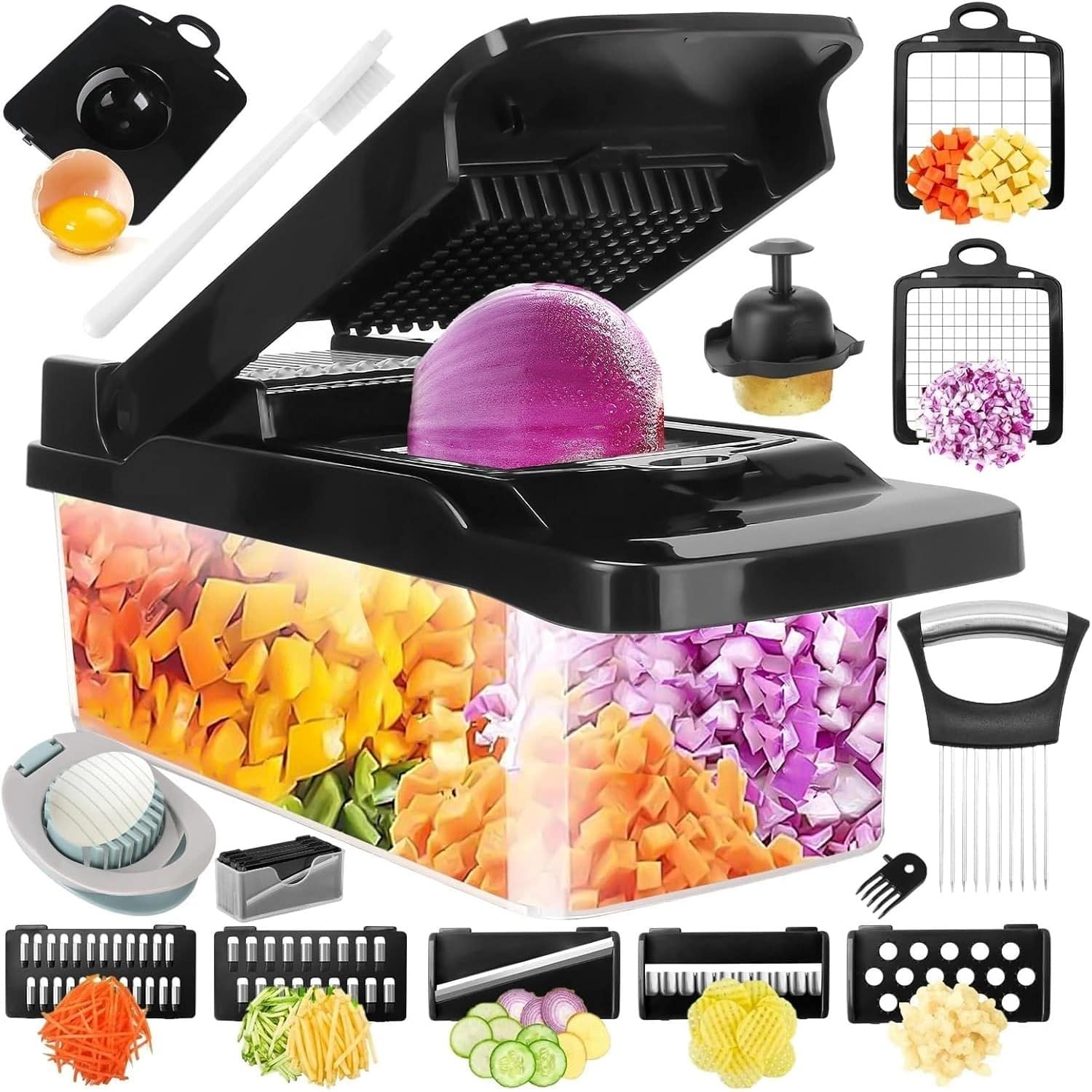 PARKER SLATER - 18-in-1 Vegetable Chopper with Container, Mandoline Slicer, Cheese Grater, Egg Slicer & Onion Holder Included - Elegant Black
