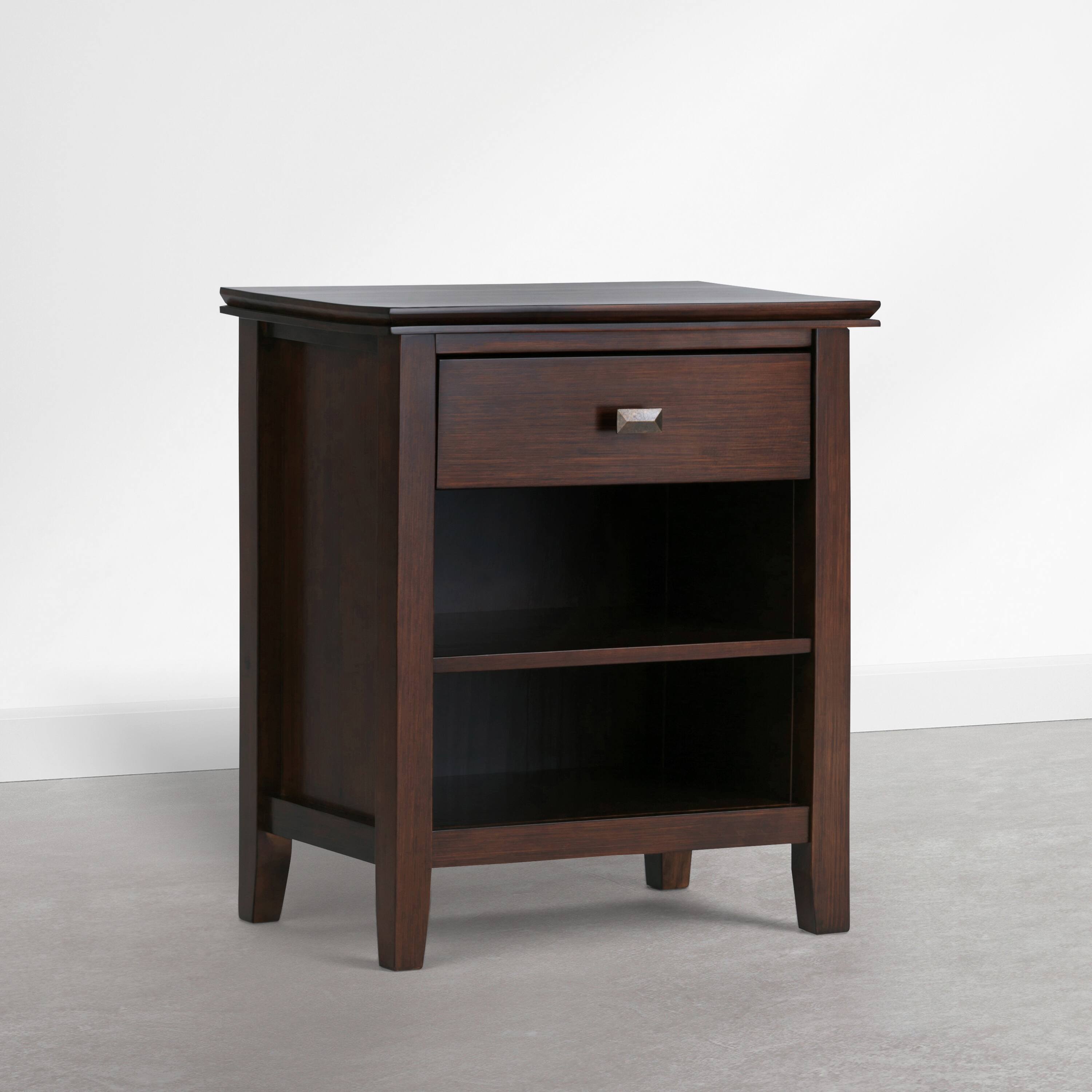 Angle. Simpli Home - Artisan 24 inch Wide Solid Wood Bedside Table, Autumn Brown - Autumn Brown.