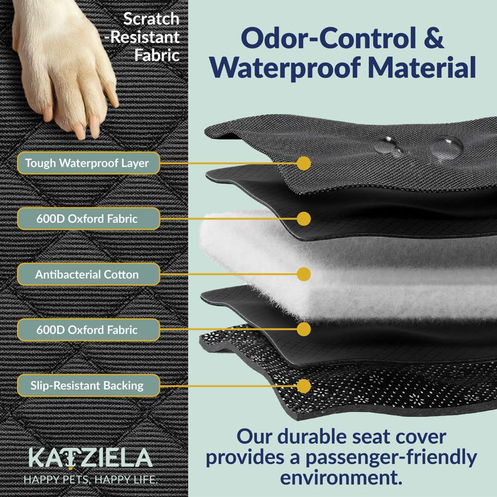 Scratch-Resistant Fabric

Odor-Control & Waterproof Material

Tough Waterproof Layer

600D Oxford Fabric

Antibacterial Cotton

600D Oxford Fabric

Slip-Resistant Backing

Our durable seat cover provides a passenger-friendly environment.

KATZIELA

HAPPY PETS, HAPPY LIFE