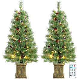 Homcom - Pre-Lit Artificial Christmas Tree Set of 2, Xmas Pine Trees, Dual Colors - Green