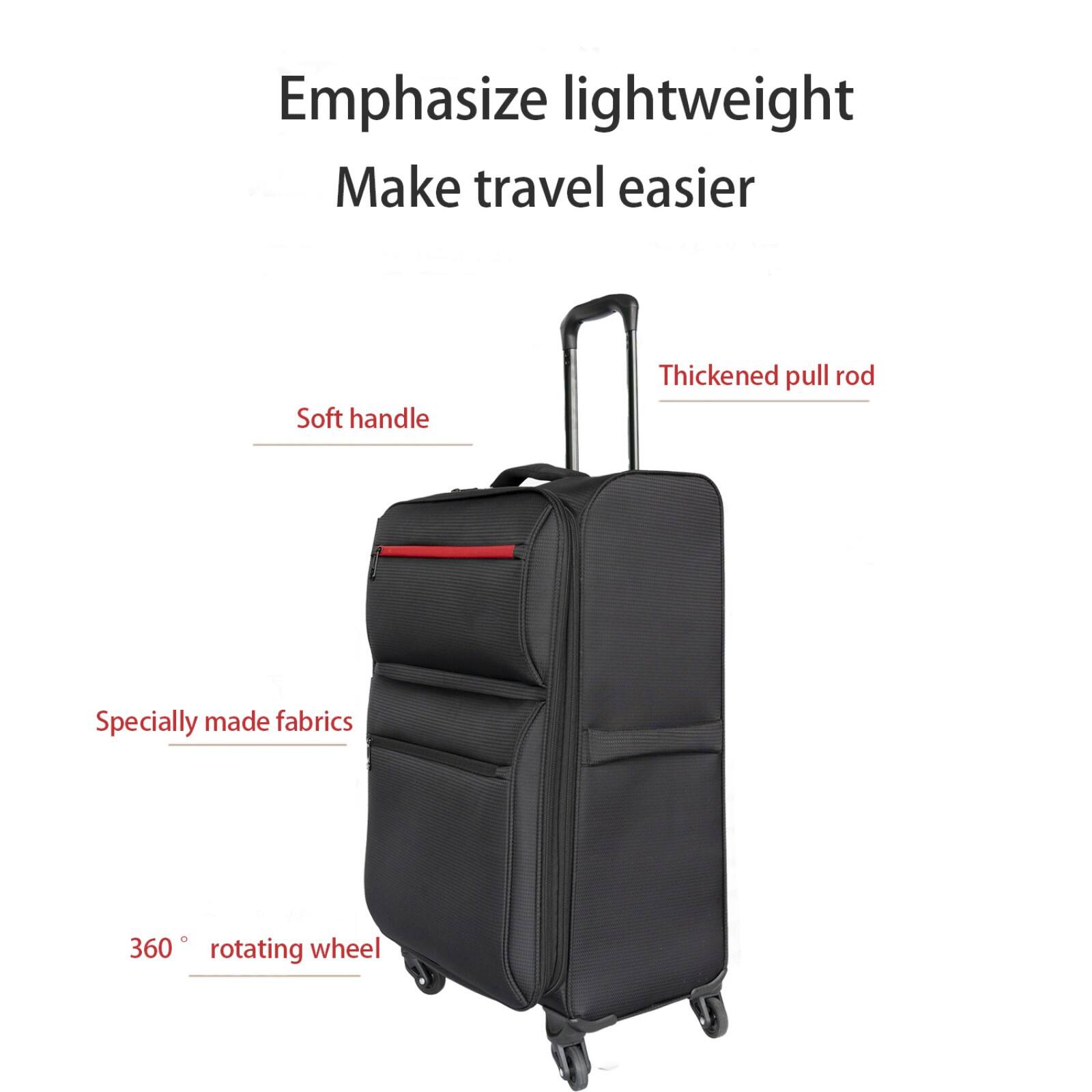 Emphasize lightweight  
Make travel easier  

- Soft handle  
- Thickened pull rod  
- Specially made fabrics  
- 360° rotating wheel