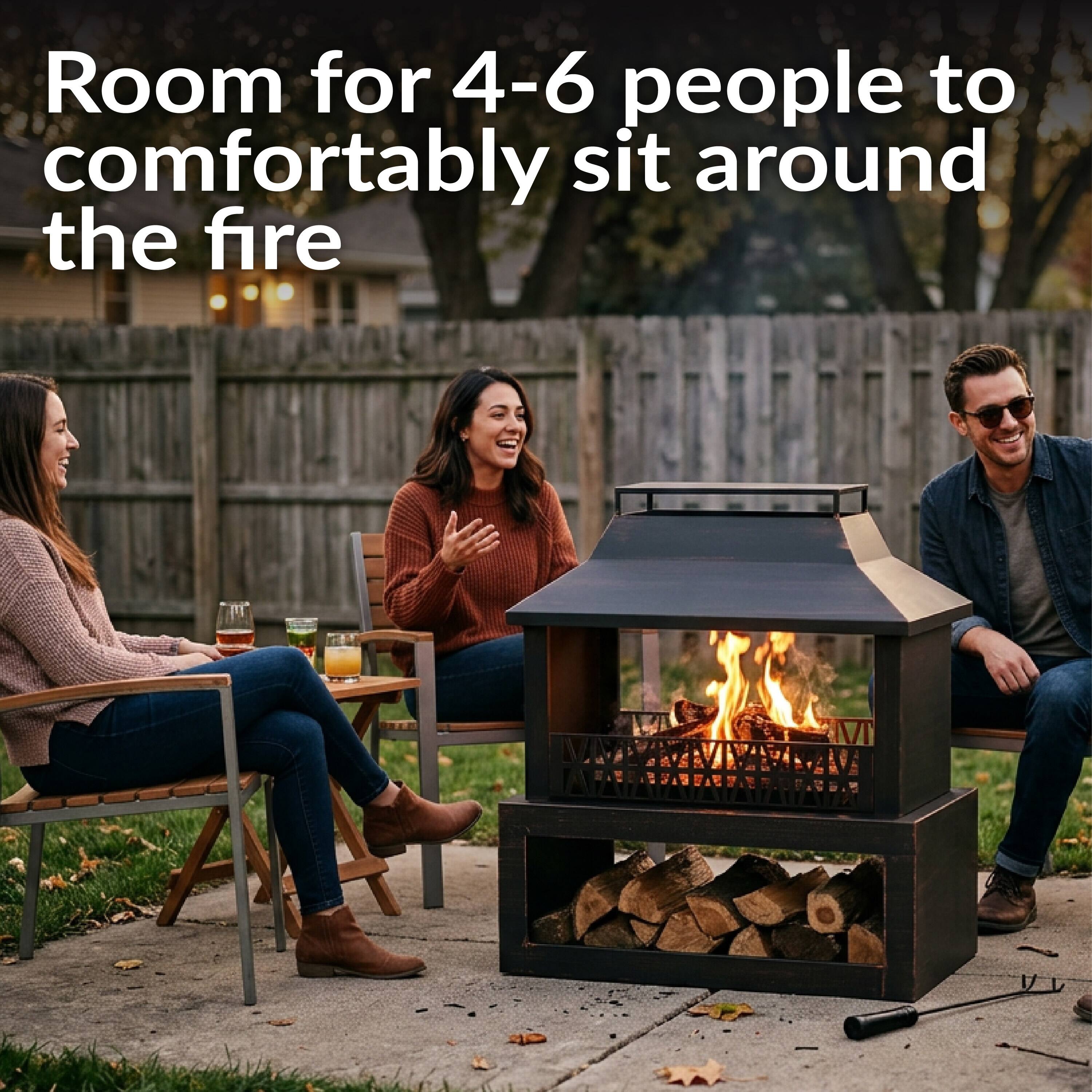 Room for 4-6 people to comfortably sit around the fire