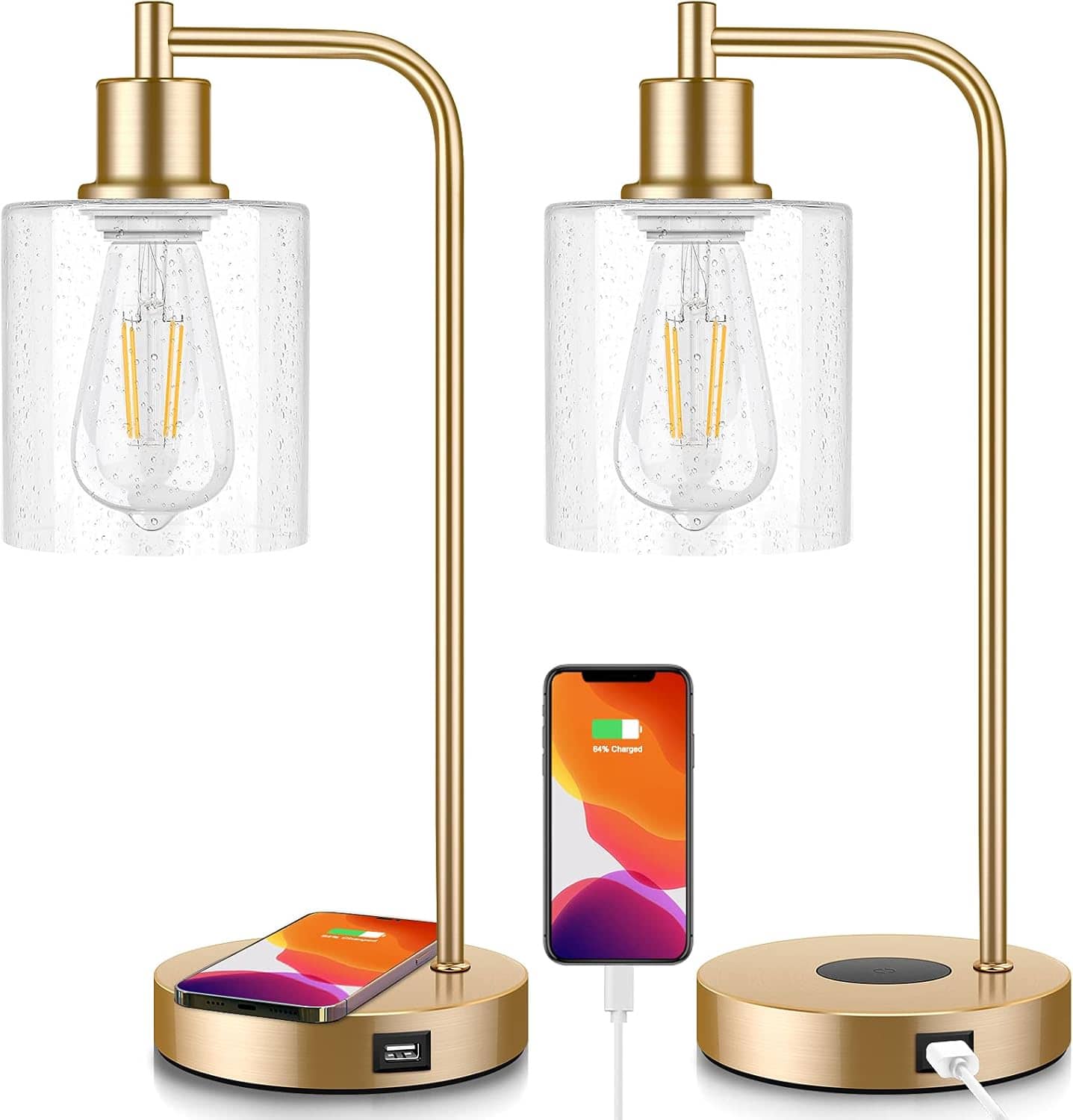 Nordic Hygge - Set of 2 Wireless Charging Industrial Table Lamp in Gold - multicolor