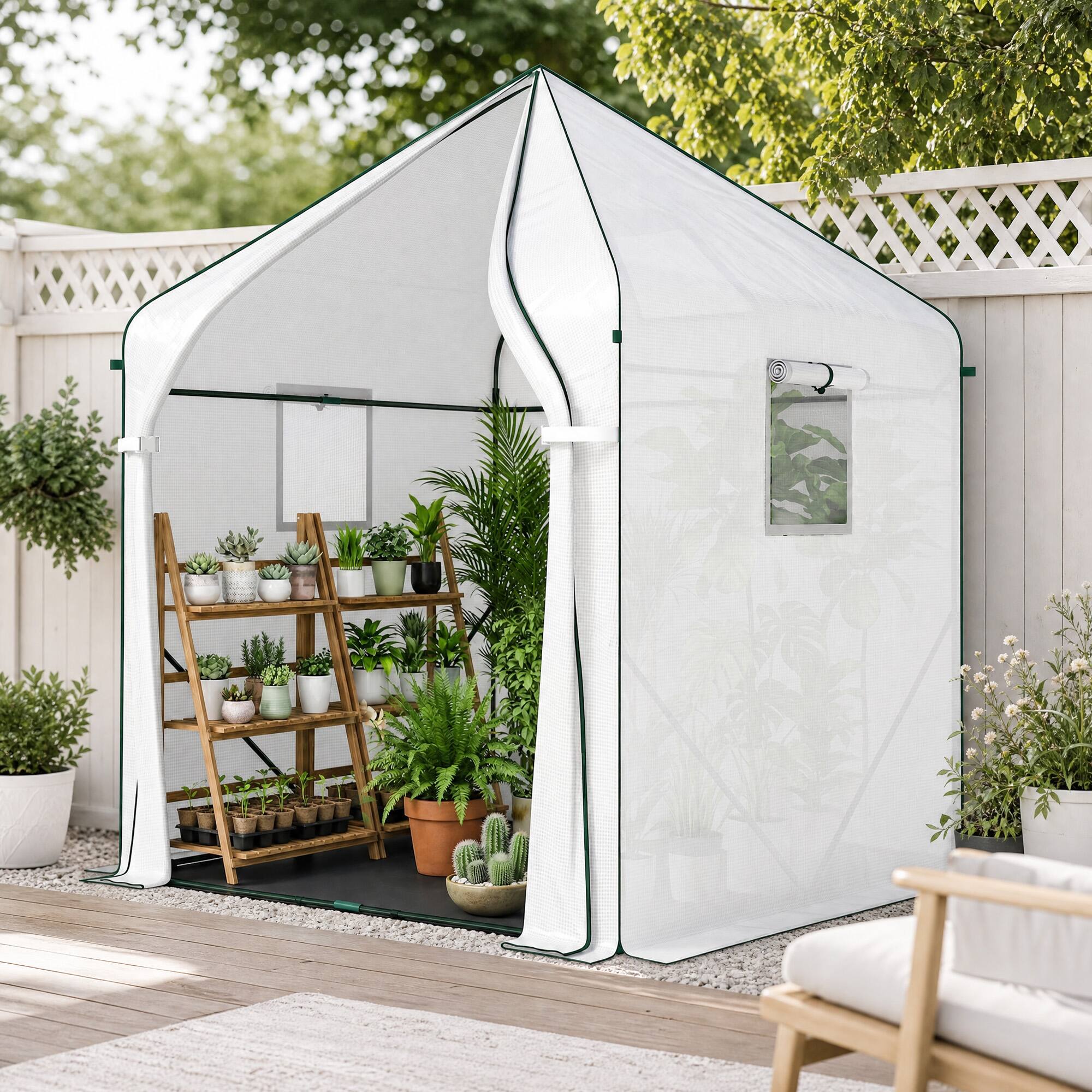 Alt View 8. Outsunny - Greenhouse, 63" x 63" x 78.7", Roll-Up Door, 3 Mesh Windows, PE Cover - White.