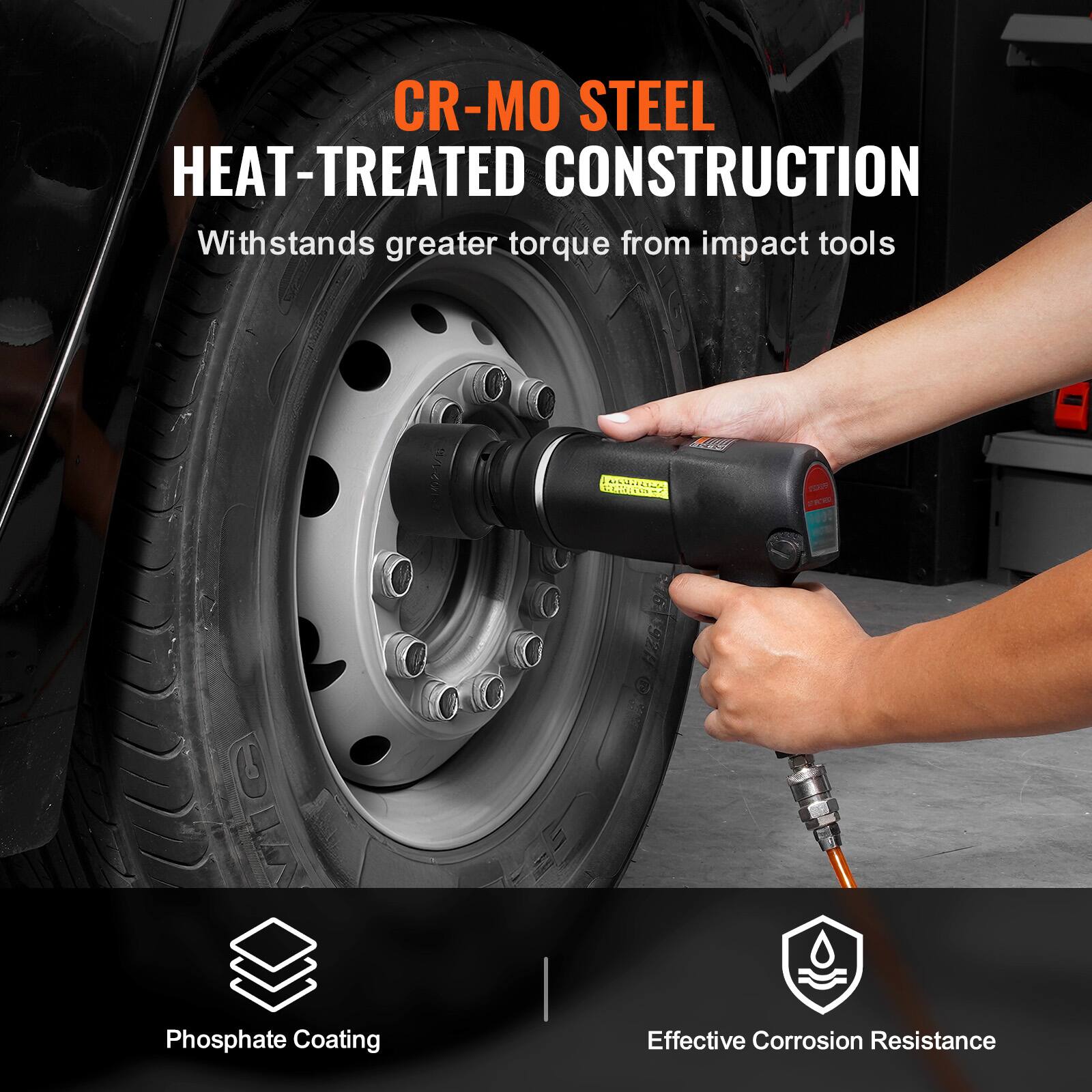 CR-MO STEEL HEAT-TREATED CONSTRUCTION  
Withstands greater torque from impact tools  

Phosphate Coating  
Effective Corrosion Resistance