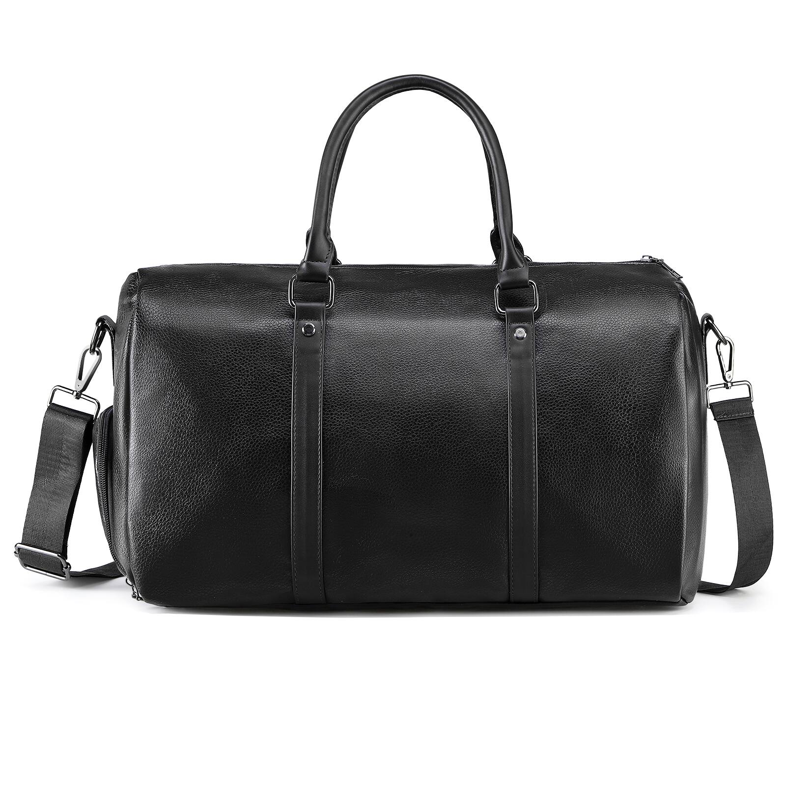 Front. Unique Bargains - Leather Travel Duffle Bag for Men Women Stylish Water-Repellent Overnight Bag W/Shoe Pouch for Business Sport Gym - Black.