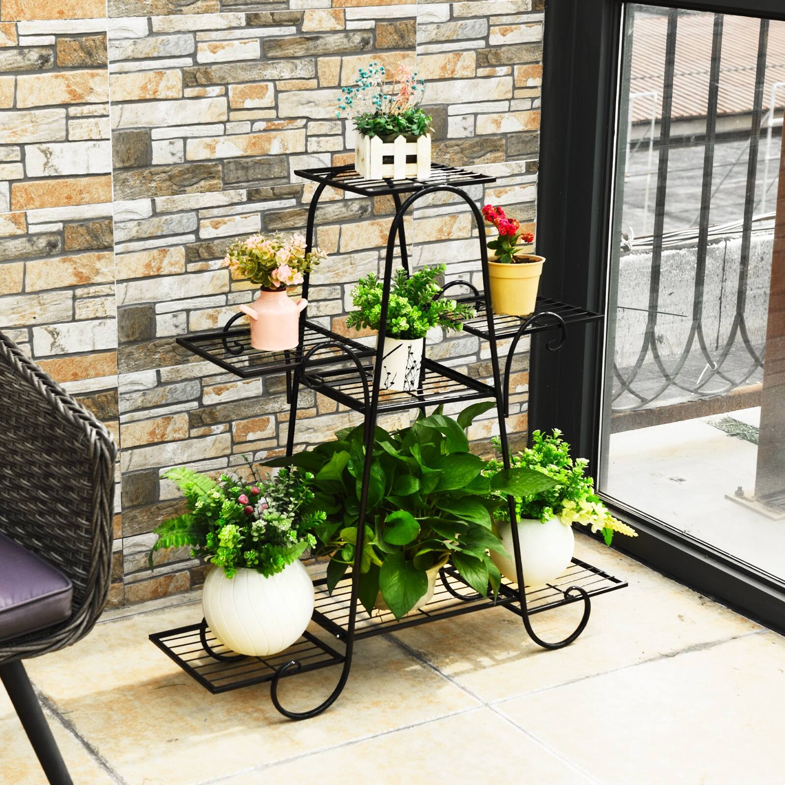 Angle. SlickBlue - 7-Tier Metal Garden Plant Stand for Flower Pots, Herbs, and Decorative Plants - Black.