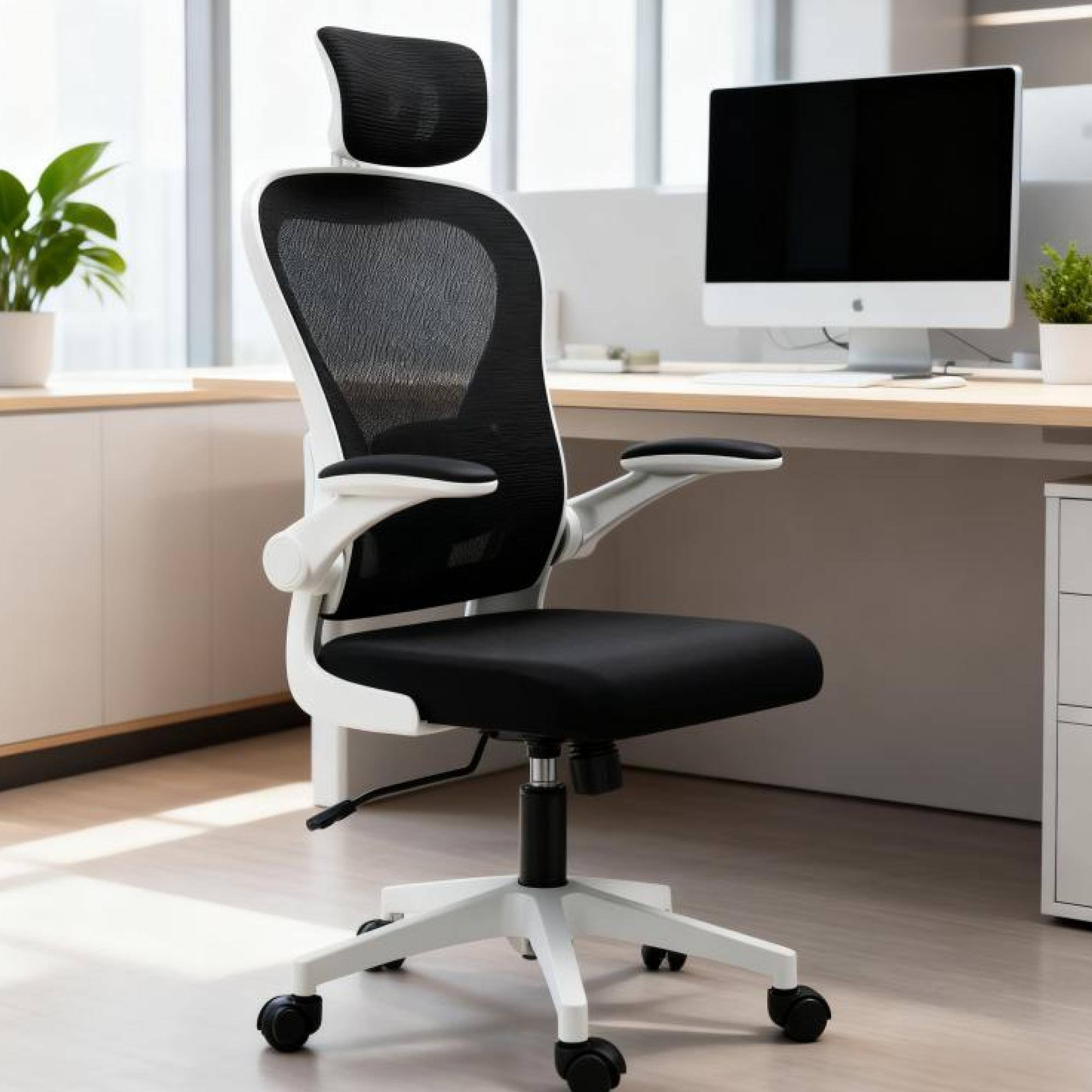 Alt View 4. GOODSILO - Ergonomic Mesh Office Chair with Adjustable Lumbar Support and Flip-Up Armrests for Home and Office Use - Black+White.