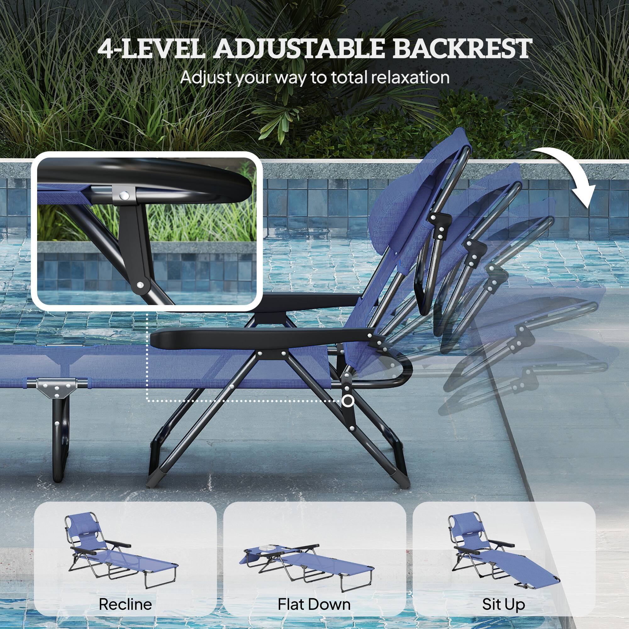 4-LEVEL ADJUSTABLE BACKREST

Adjust your way to total relaxation

Recline
Flat Down
Sit Up