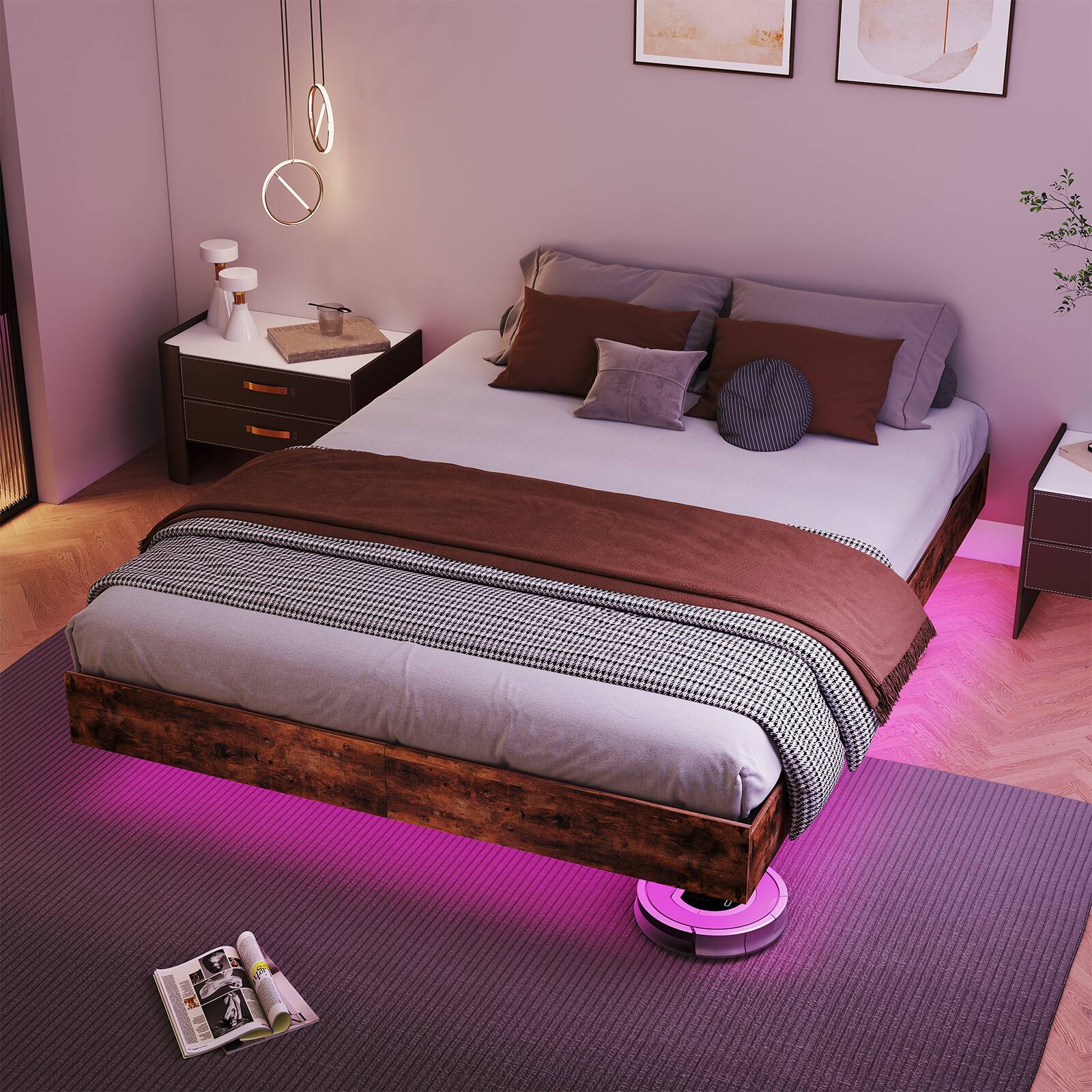 Angle. LUCKY ONE - King Size Floating Bed Frame with LED Lights - Brown.