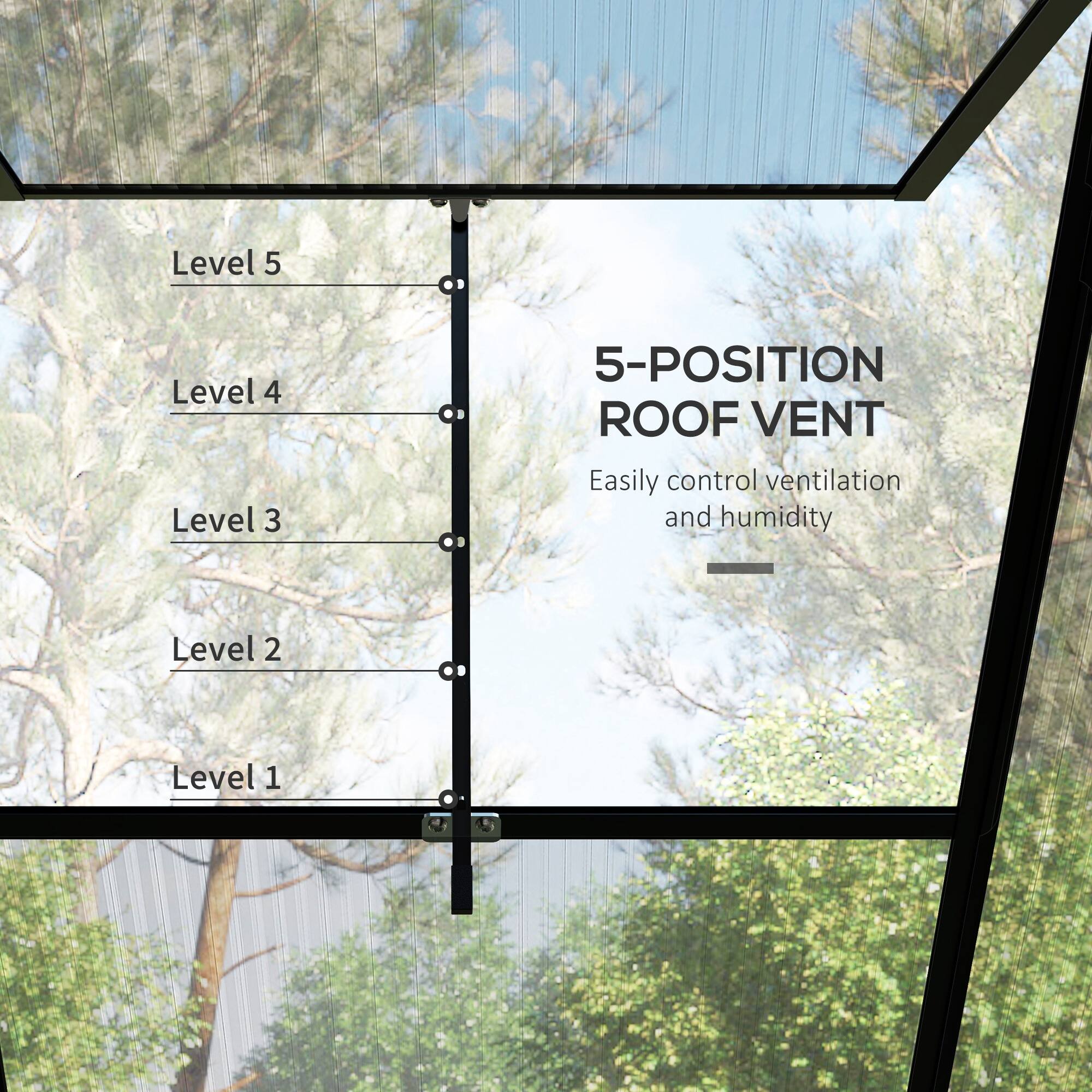 5-POSITION ROOF VENT

Level 5
Level 4
Level 3
Level 2
Level 1

Easily control ventilation and humidity