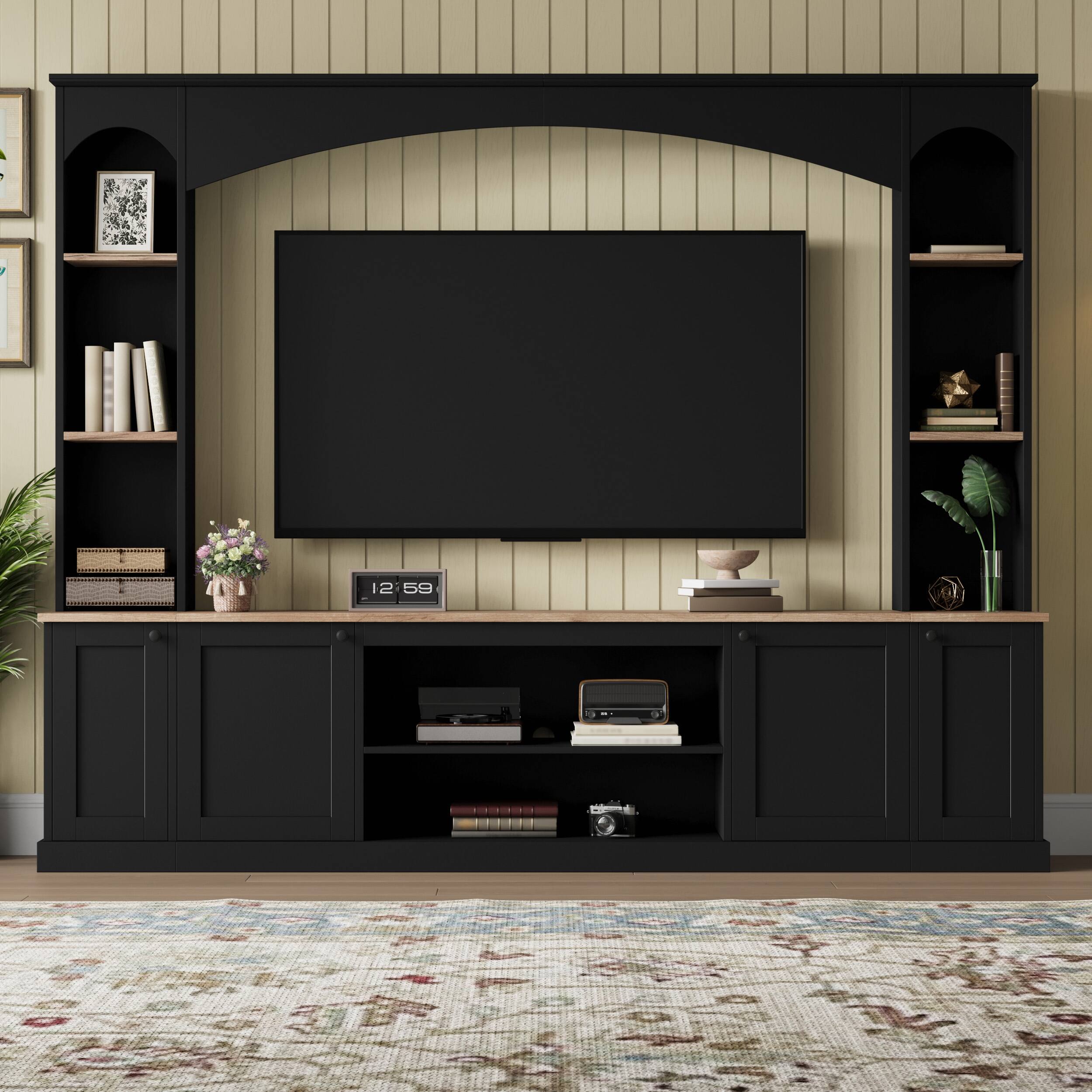 Front. CheryLife - 91 in. Black Modern Arched Entertainment Center Wall Unit with Bookshelf for TVs Up to 70" - Black.