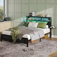 Bestier - King Size Bed Frame with Upholstered Headboard Built-in Storage LED Lighting and Charging Station - Brown - Front_Zoom