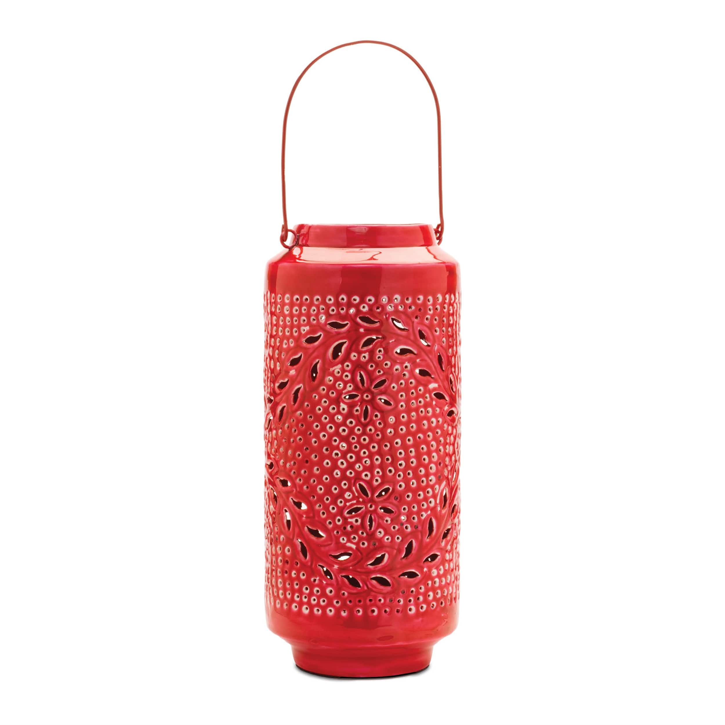 BreeBe - Punched Metal Candle Lantern 15.5"H - Red