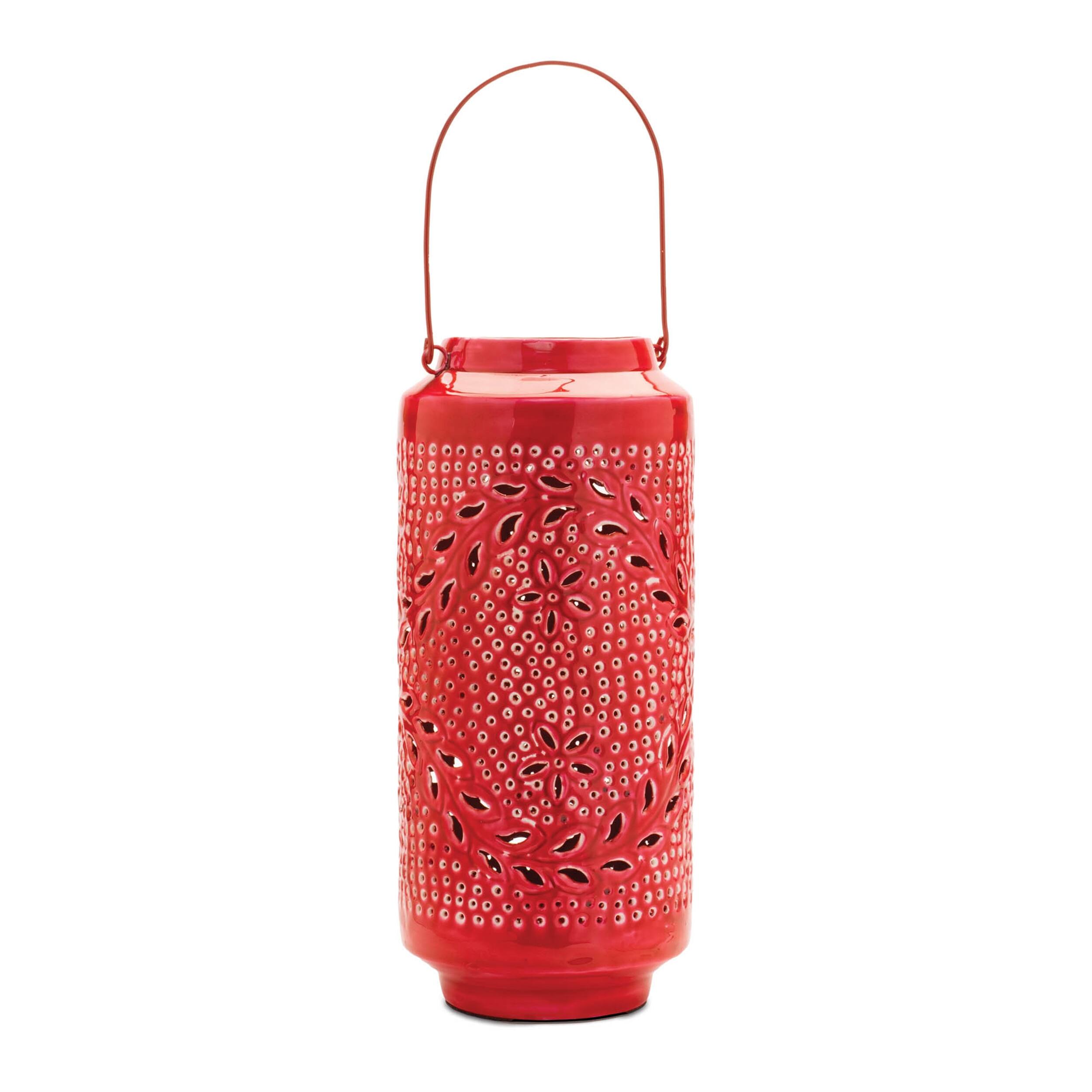 Front. BreeBe - Punched Metal Candle Lantern 15.5"H - Red.