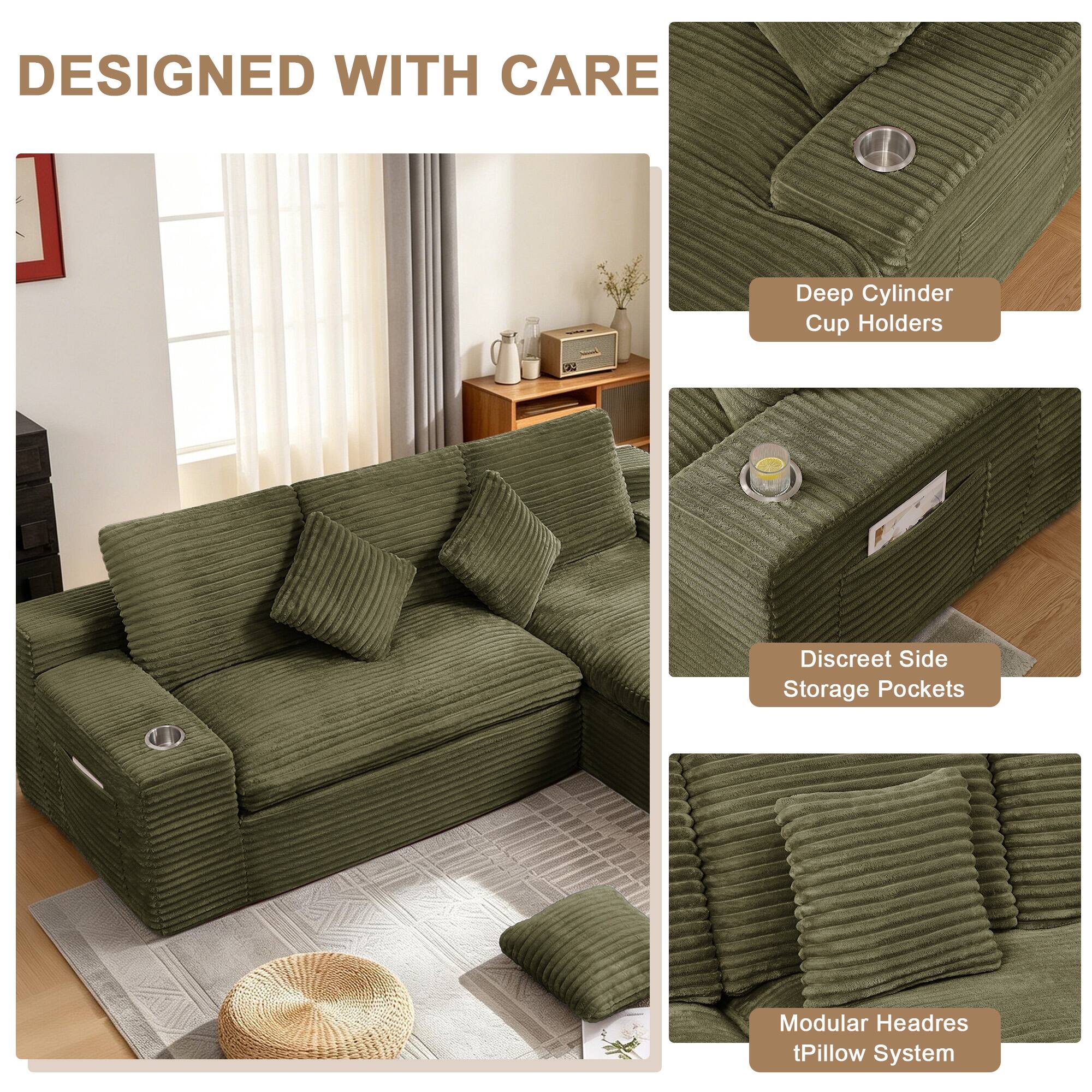 DESIGNED WITH CARE  
- Deep Cylinder Cup Holders  
- Discreet Side Storage Pockets  
- Modular Headrest Pillow System