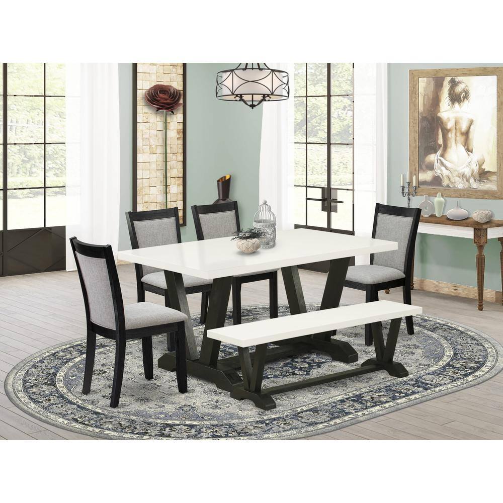 Alt View 3. East West Furniture - V626MZ606-6 6 Pc Dinette Set - Linen White Dining Table with a Small Wood Bench and 4 Shitake Chairs - Wire Brushed - Multi-Color.