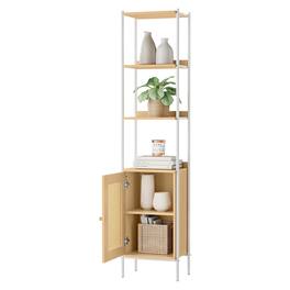 Songmics Home - 6-Tier Bookcase, Tall Bookshelf with Rattan-Like Door, Freestanding Shelving Unit, Metal Frame, Adjustable Shelf - Oak Beige and Pearl White