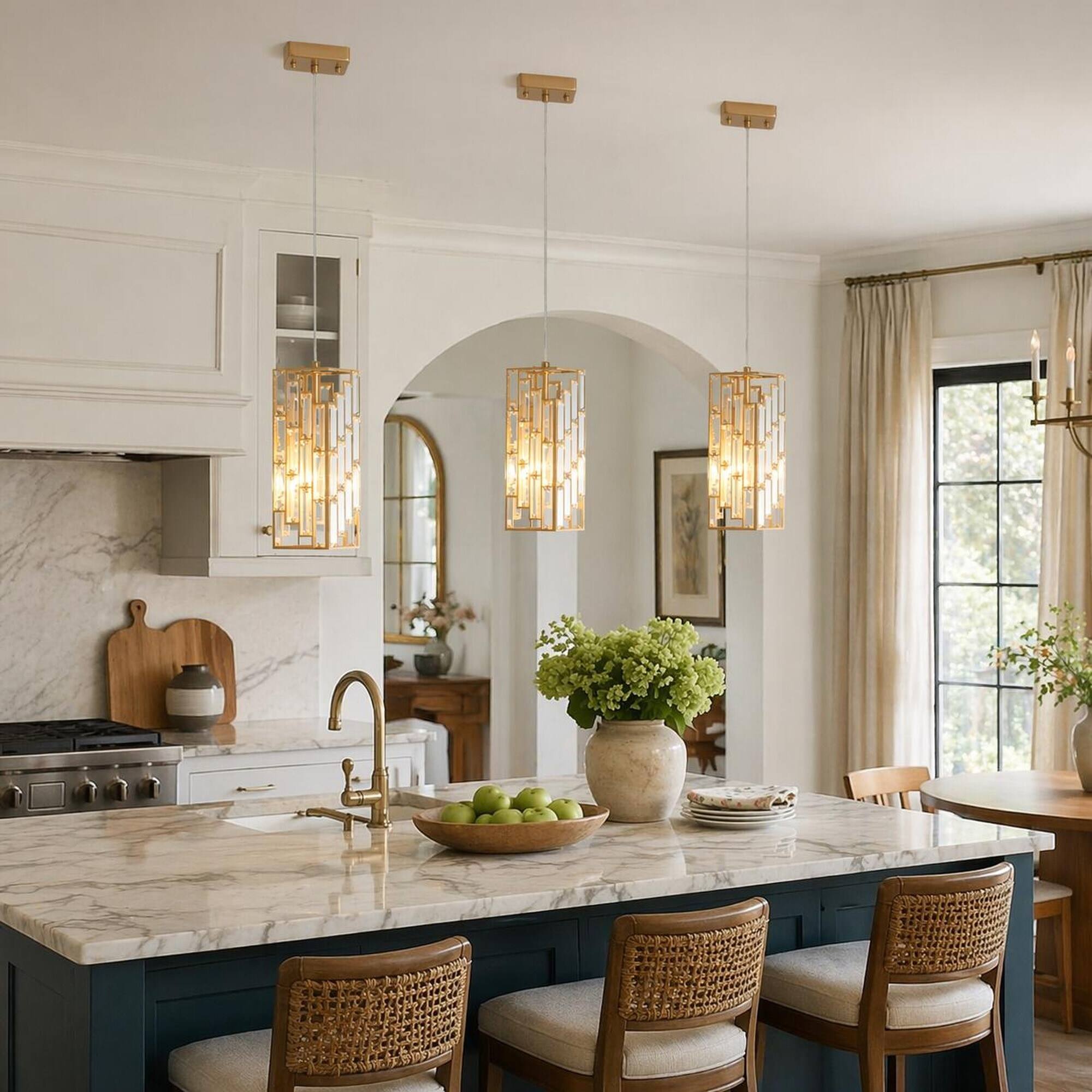 Alt View 4. RYHNUYNE - Set of 3 Golden Crystal Pendant Lights with Adjustable Hanging Cords, Prism Glass Shades for Dining Room, Kitchen Island.
