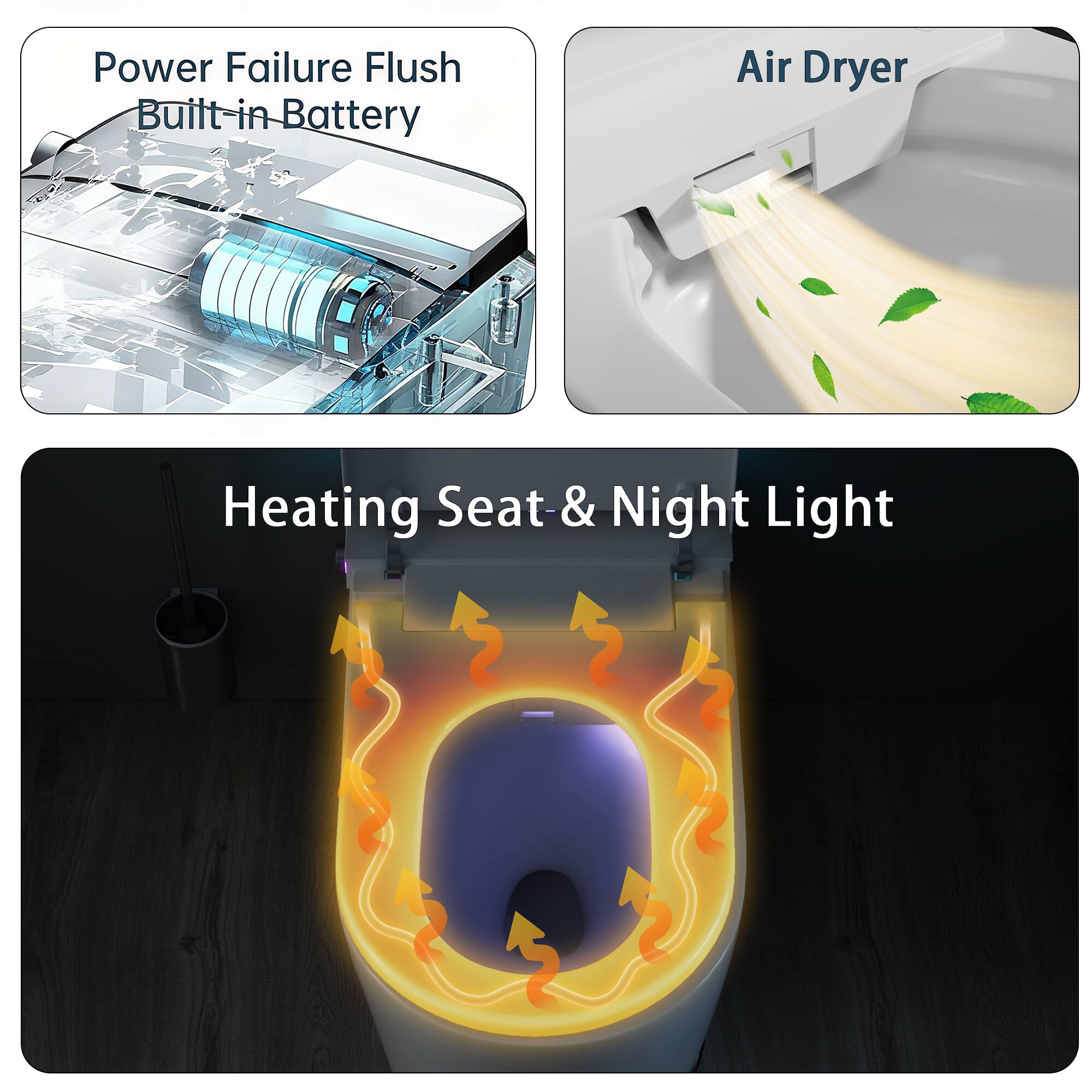 Power Failure Flush  
Built-in Battery  

Air Dryer  

Heating Seat & Night Light