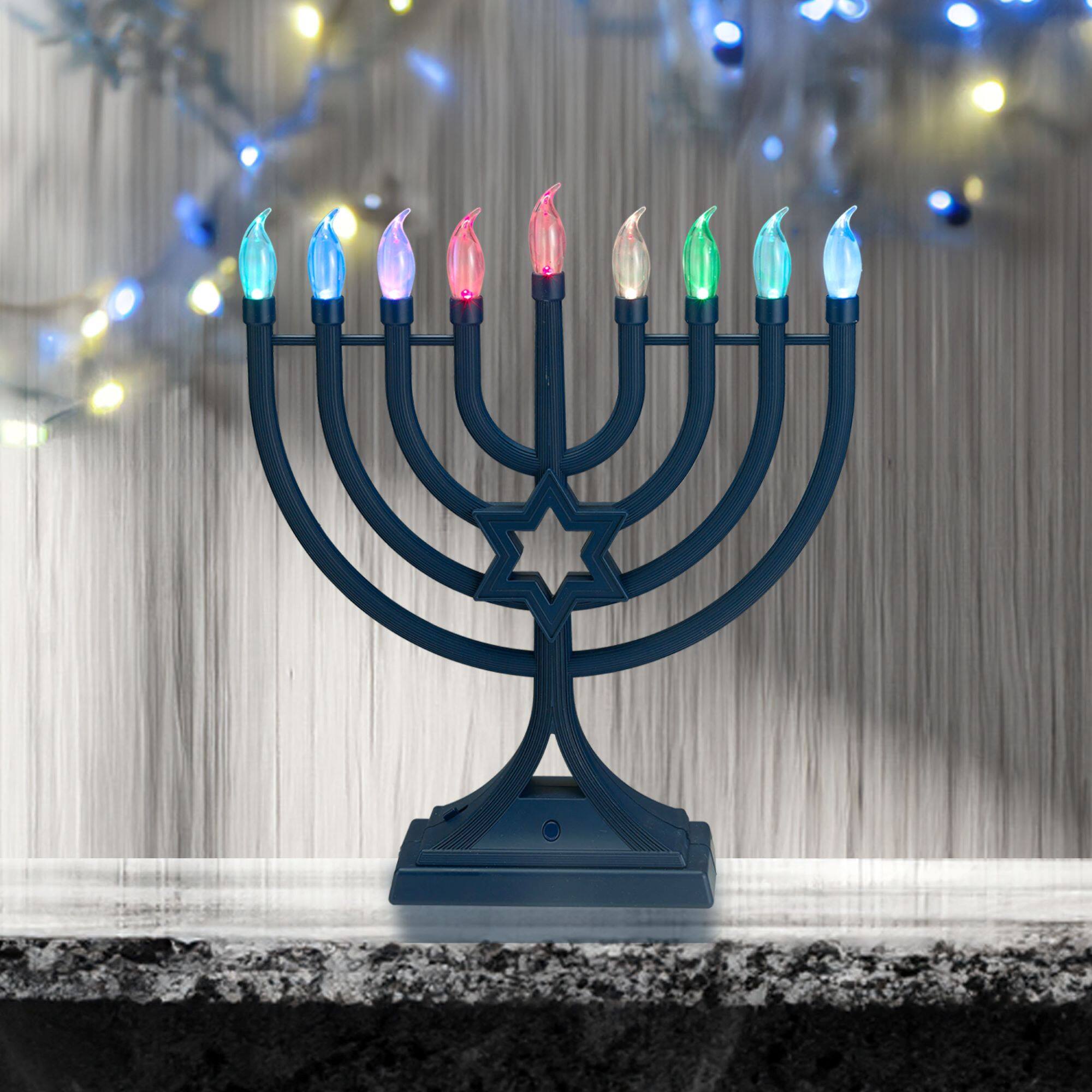 Front. Rite Lite - LED Glow Color Changing Hanukkah Menorah - 13" - Navy - Blue.