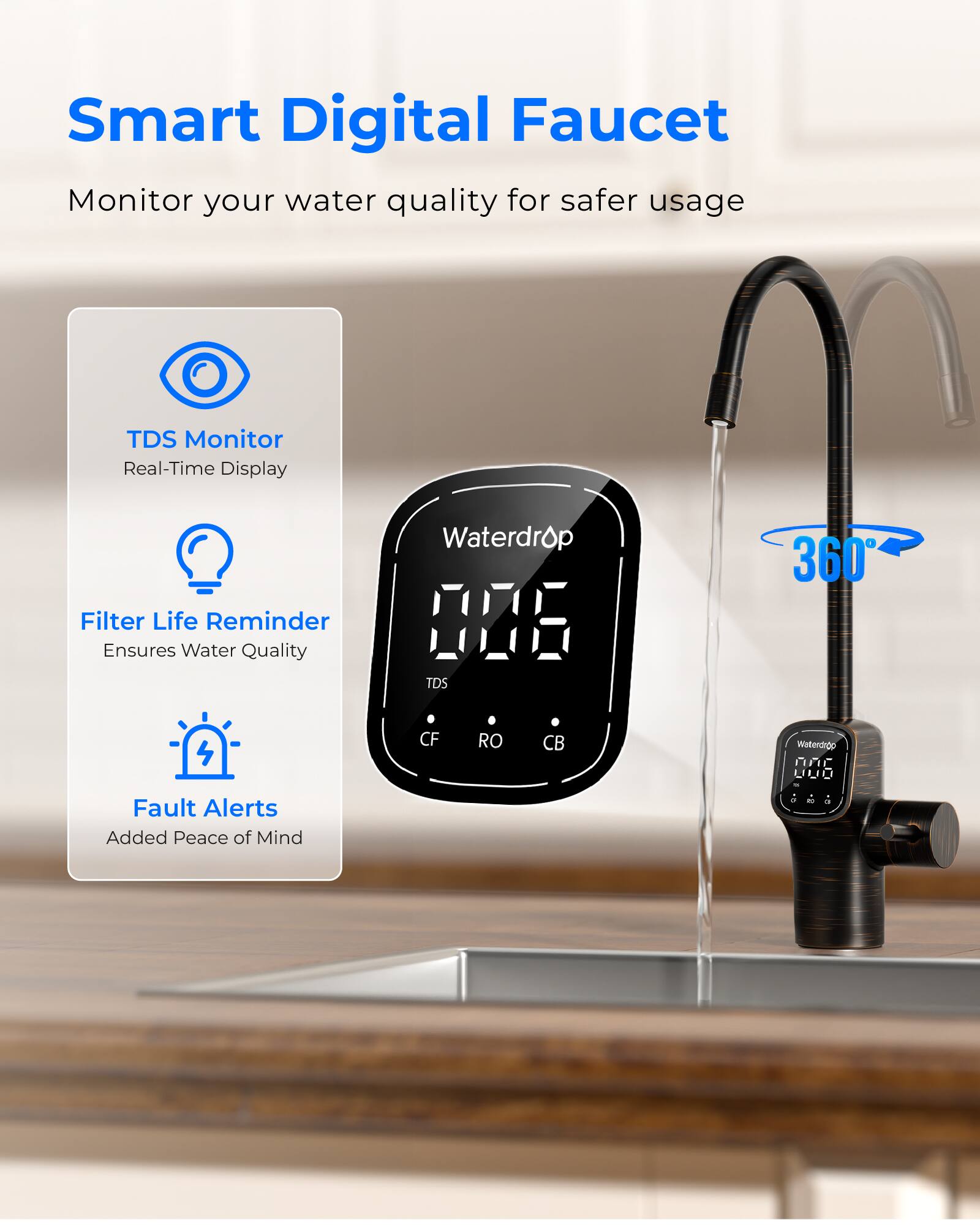 Smart Digital Faucet  
Monitor your water quality for safer usage  

TDS Monitor  
Real-Time Display  

Filter Life Reminder  
Ensures Water Quality  

Fault Alerts  
Added Peace of Mind  

Waterdrop  
360°  
TDS  
CF  
RO  
CB  

Waterdrop nor 006 - a or 80 a