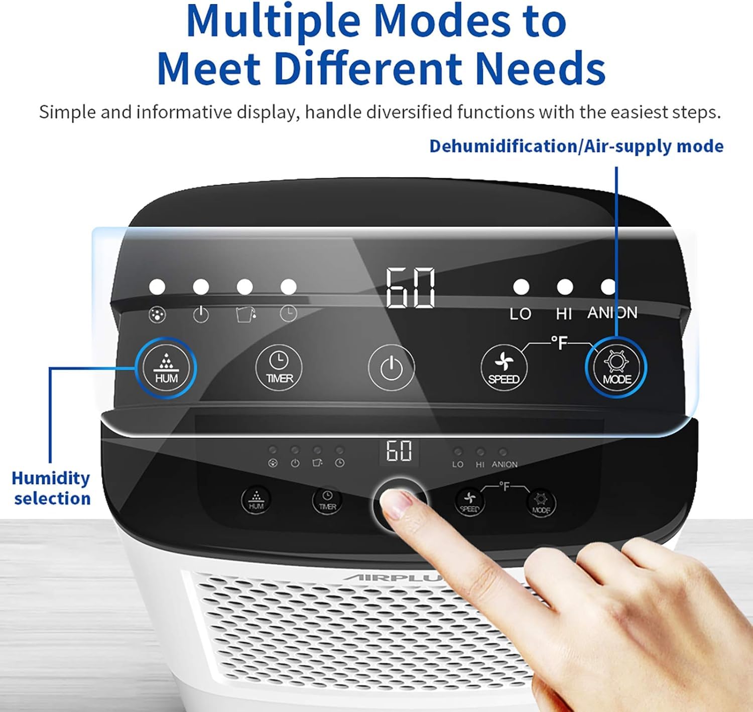 Multiple Modes to Meet Different Needs

Simple and informative display, handle diversified functions with the easiest steps.

Dehumidification/Air-supply mode

60 LO HI ANION ON HUM TIMER SPEED MODE

Humidity selection

HUM MER LO HI ANION F SPEED MODE