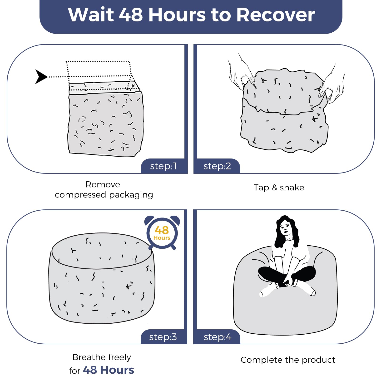 Wait 48 Hours to Recover

step:1  
Remove compressed packaging

step:2  
Tap & shake

step:3  
Breathe freely for 48 Hours

step:4  
Complete the product