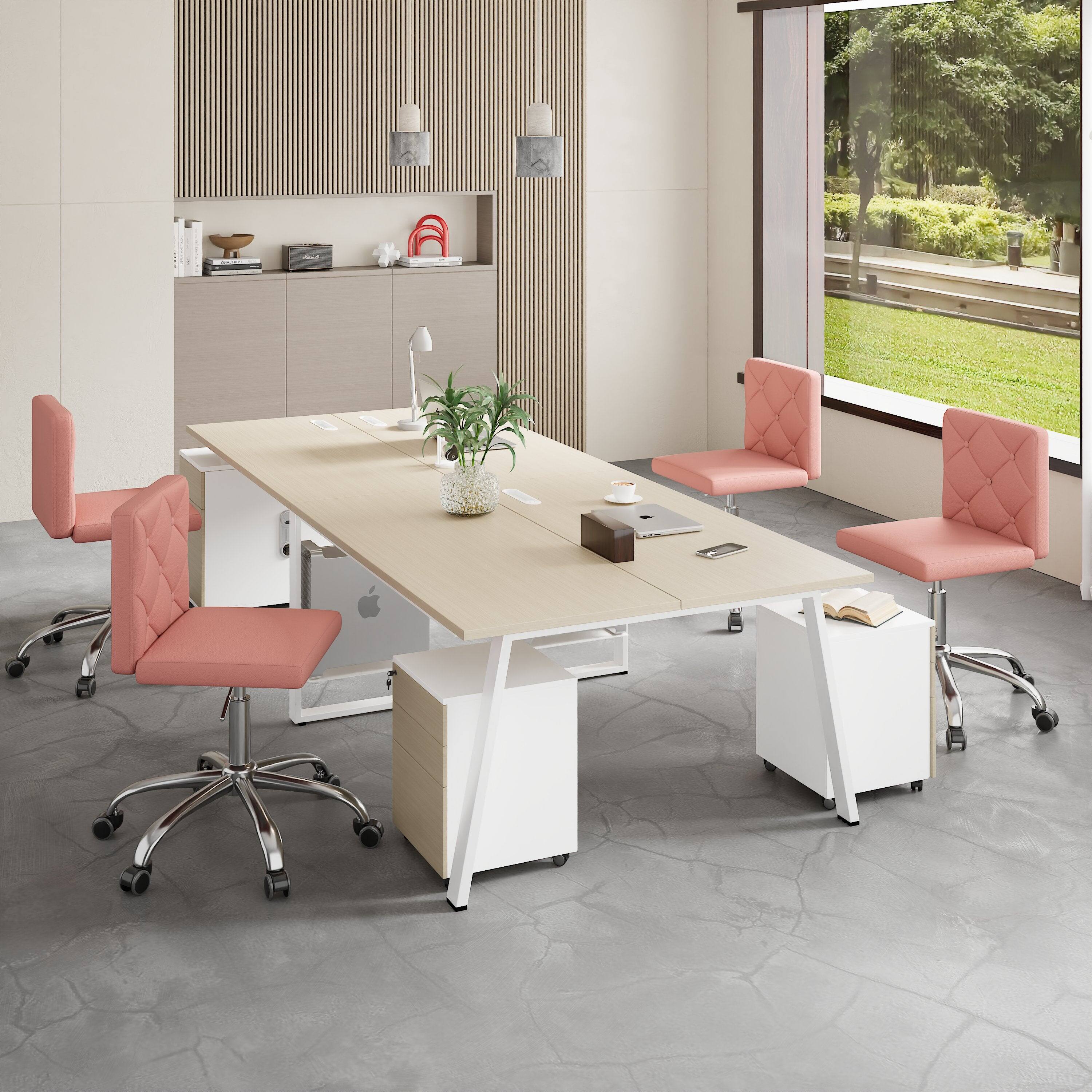 Angle. Vecelo - Pink PU Leather Armless Office Chair - 28-32 Inch Adjustable Height Task Chair, Ergonomic Computer Chair with Wheels - Pink.