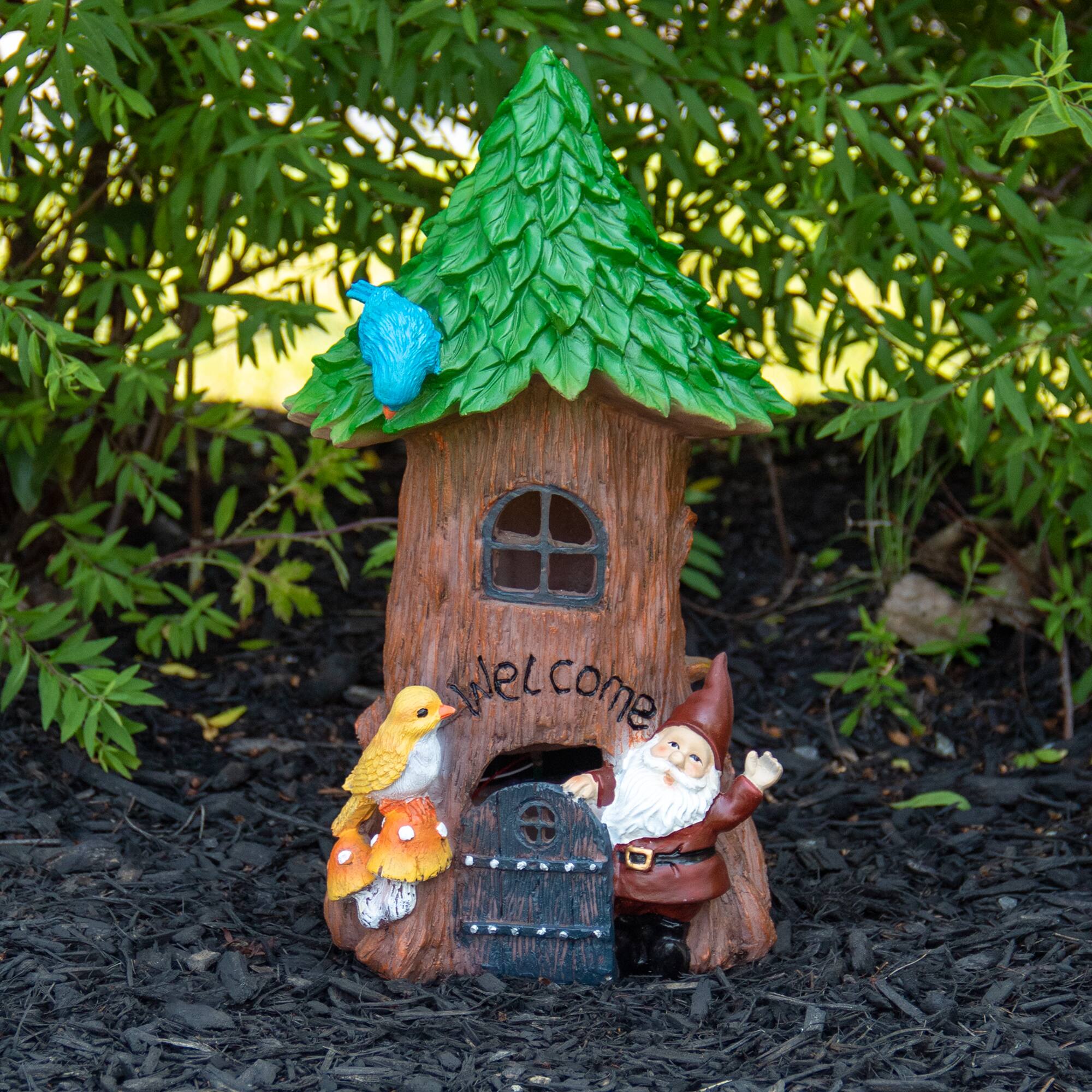 Alt View 1. Northlight - 14" Solar Lighted Welcome Gnome Tree House Outdoor Garden Statue - Brown.