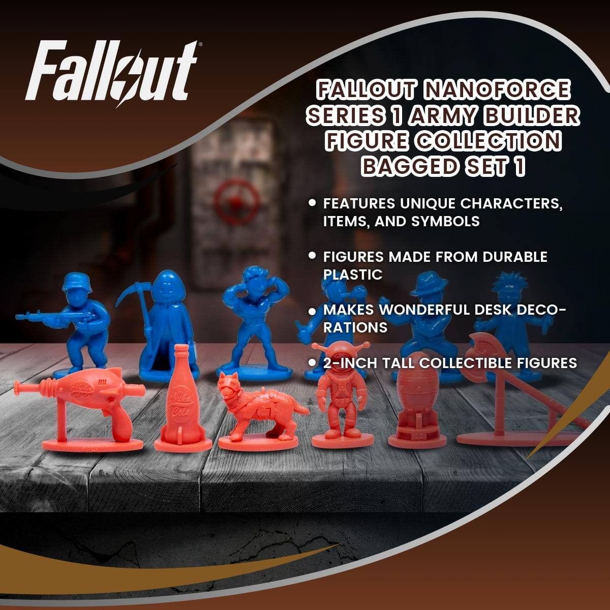 Fallsut FALLOUT NANOFORCE SERIES 1 ARMY BUILDER FIGURE COLLECTION BAGGED SET 1 FEATURES UNIQUE CHARACTERS, ITEMS, AND SYMBOLS FIGURES MADE FROM DURABLE PLASTIC MAKES WONDERFUL DESK DECORATIONS 2-INCH TALL COLLECTIBLE FIGURES