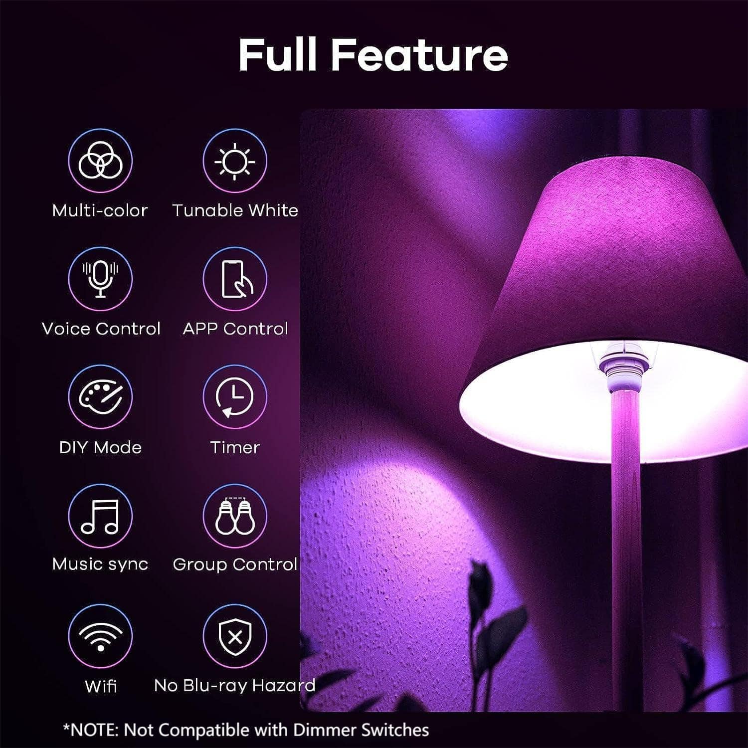 Full Feature Multi-color Tunable White Voice Control APP Control DIY Mode Timer Music sync Group Control x Wifi No Blu-ray Hazard