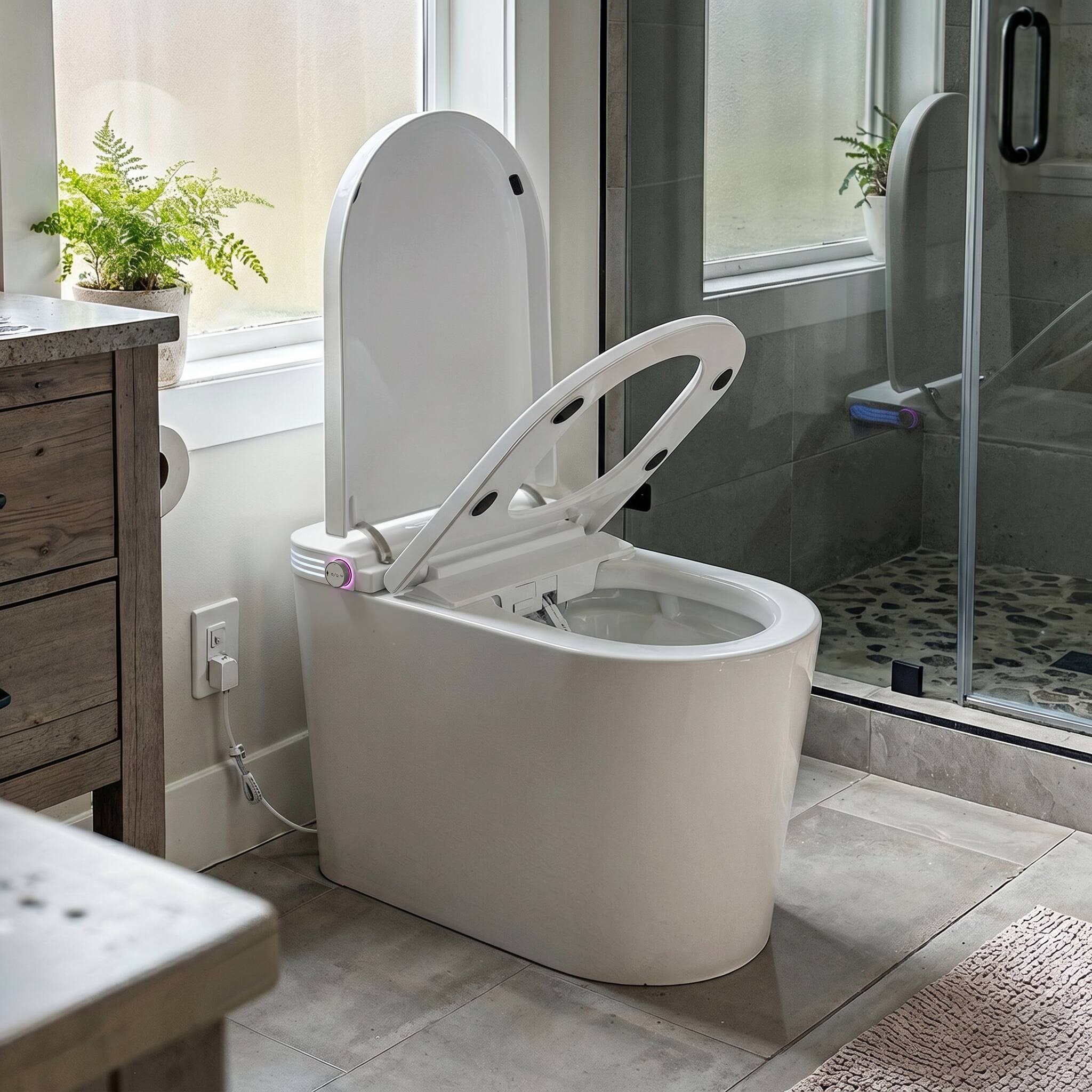 Left. Famapy - Touchless Smart Toilet with Auto Lid & Auto Flush, Adjustable Bidet Wash, Heated Seat, Warm-Air Dryer, Emergency Flush - White.