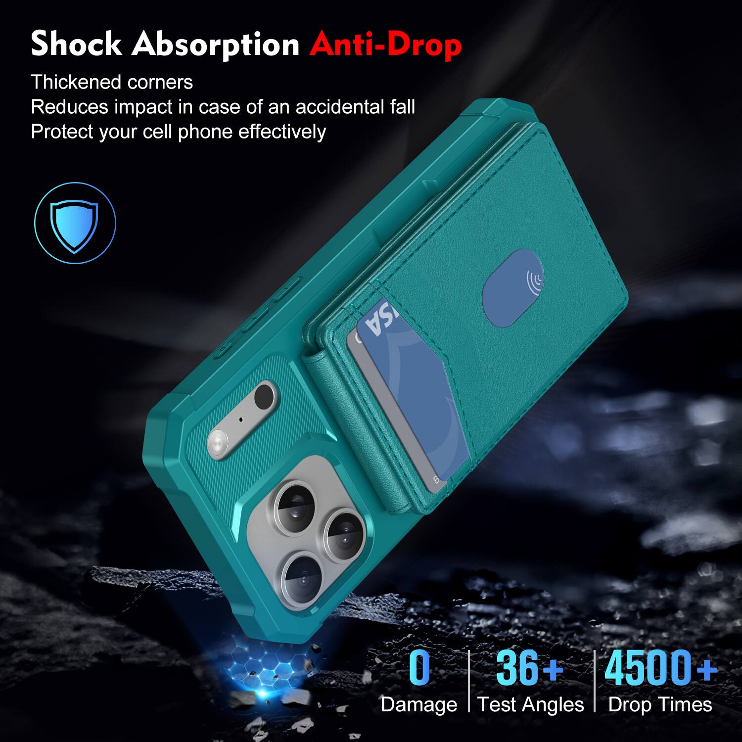 Shock Absorption Anti-Drop  
Thickened corners  
Reduces impact in case of an accidental fall  
Protect your cell phone effectively  

0 Damage  
36+ Test Angles  
4500+ Drop Times