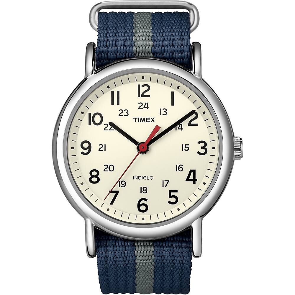 Front. Timex - Weekender Stripe Wristwatch - White/Silver/Gray/Blue.