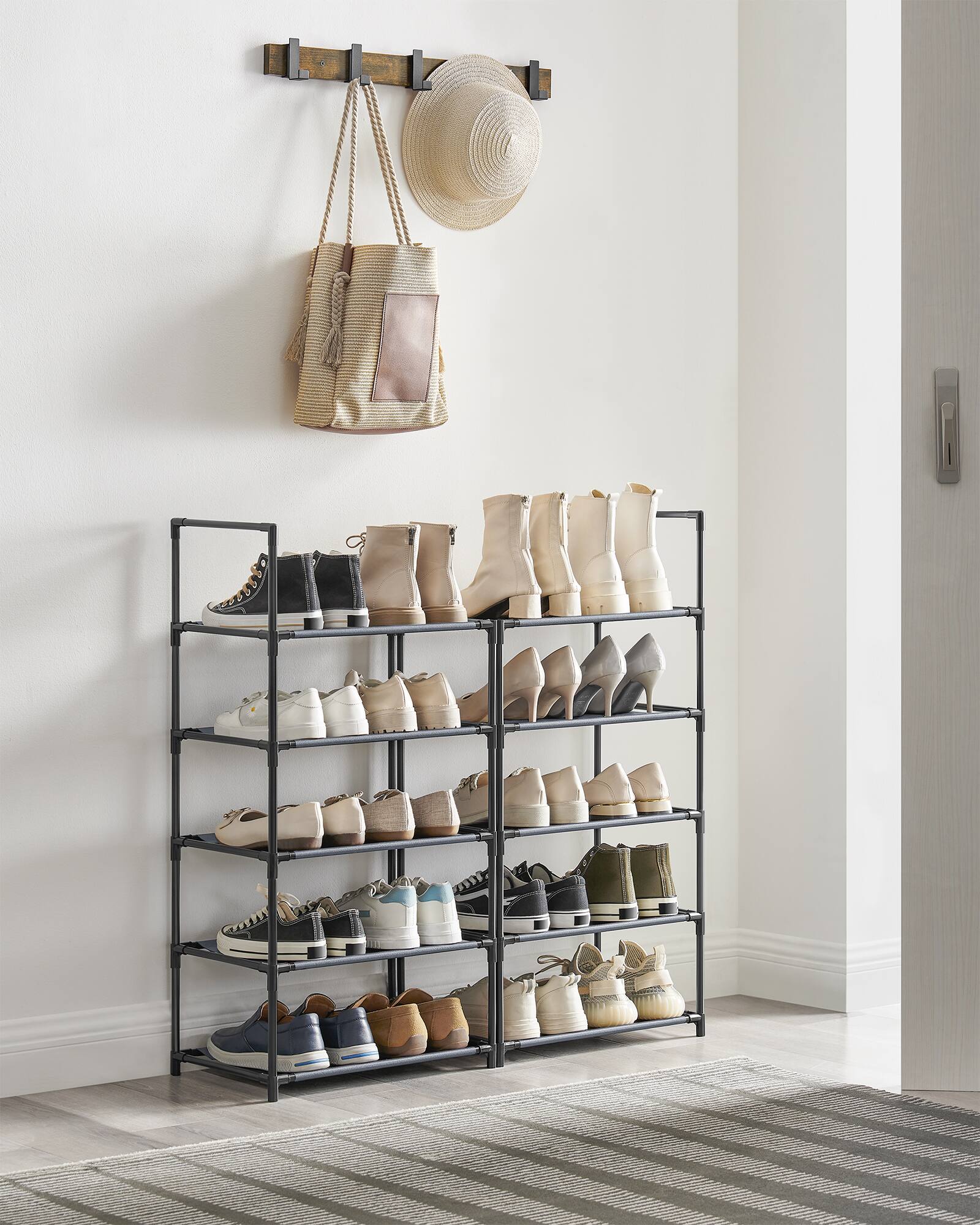 Alt View 4. Songmics Home - Shoe Rack, 10-Tier Shoe Shelf, Shoe Storage Organizer, Metal Frame, Non-Woven Fabric Shelves, for Entryway, Bedroom - Gray.